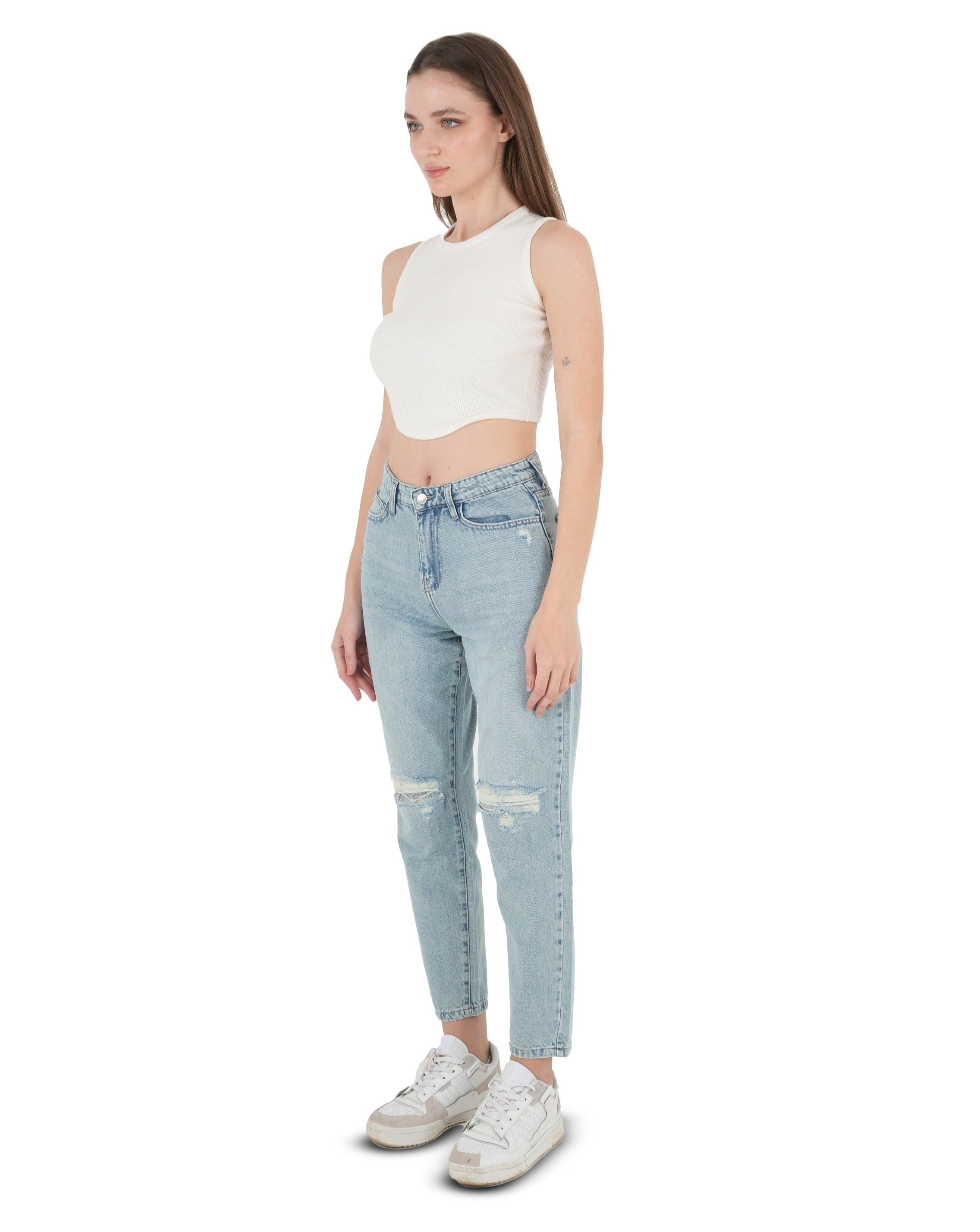 High-Waist Acid Wash Ripped Mom Fit Jeans - Lioroucci