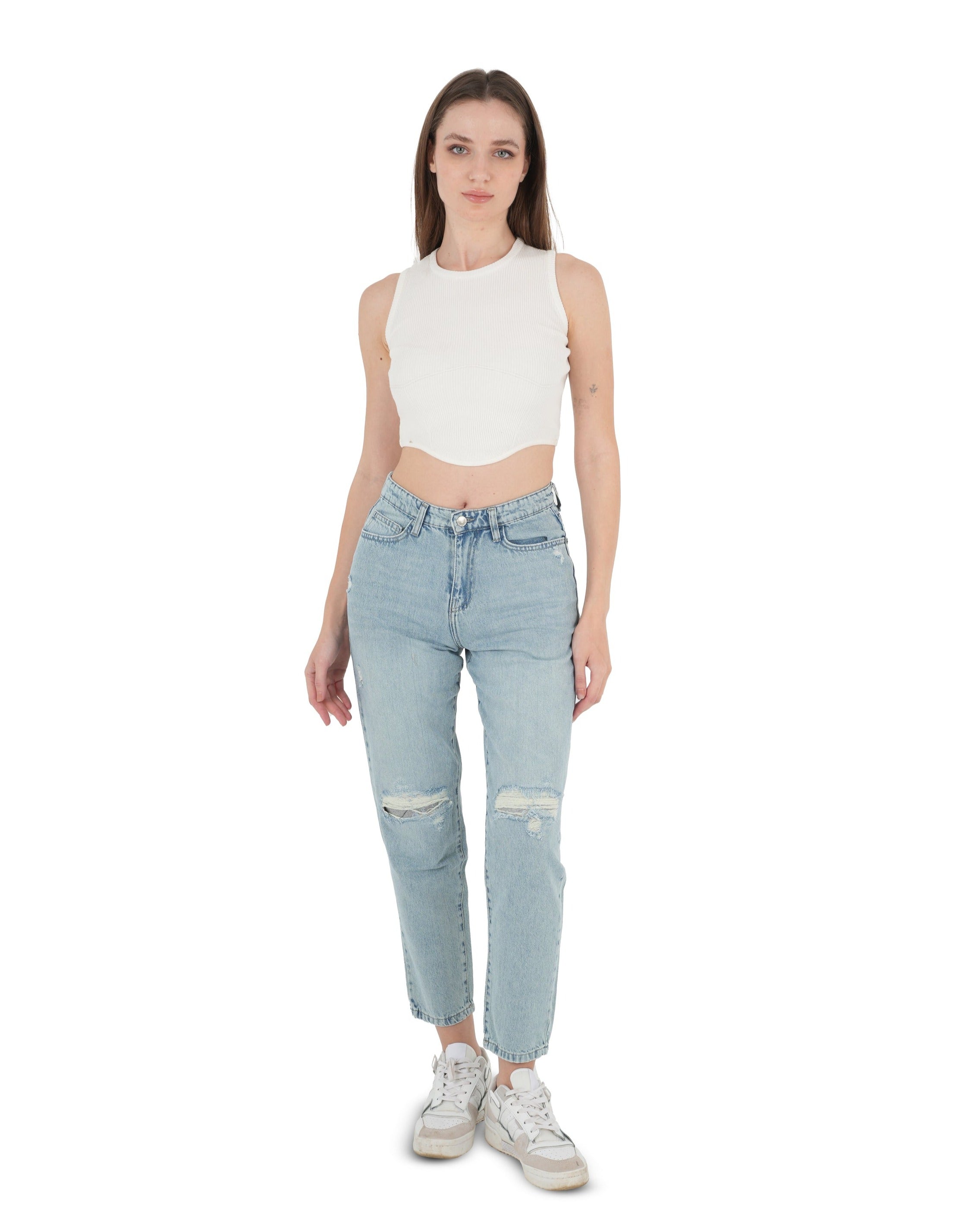 High-Waist Acid Wash Ripped Mom Fit Jeans - Lioroucci