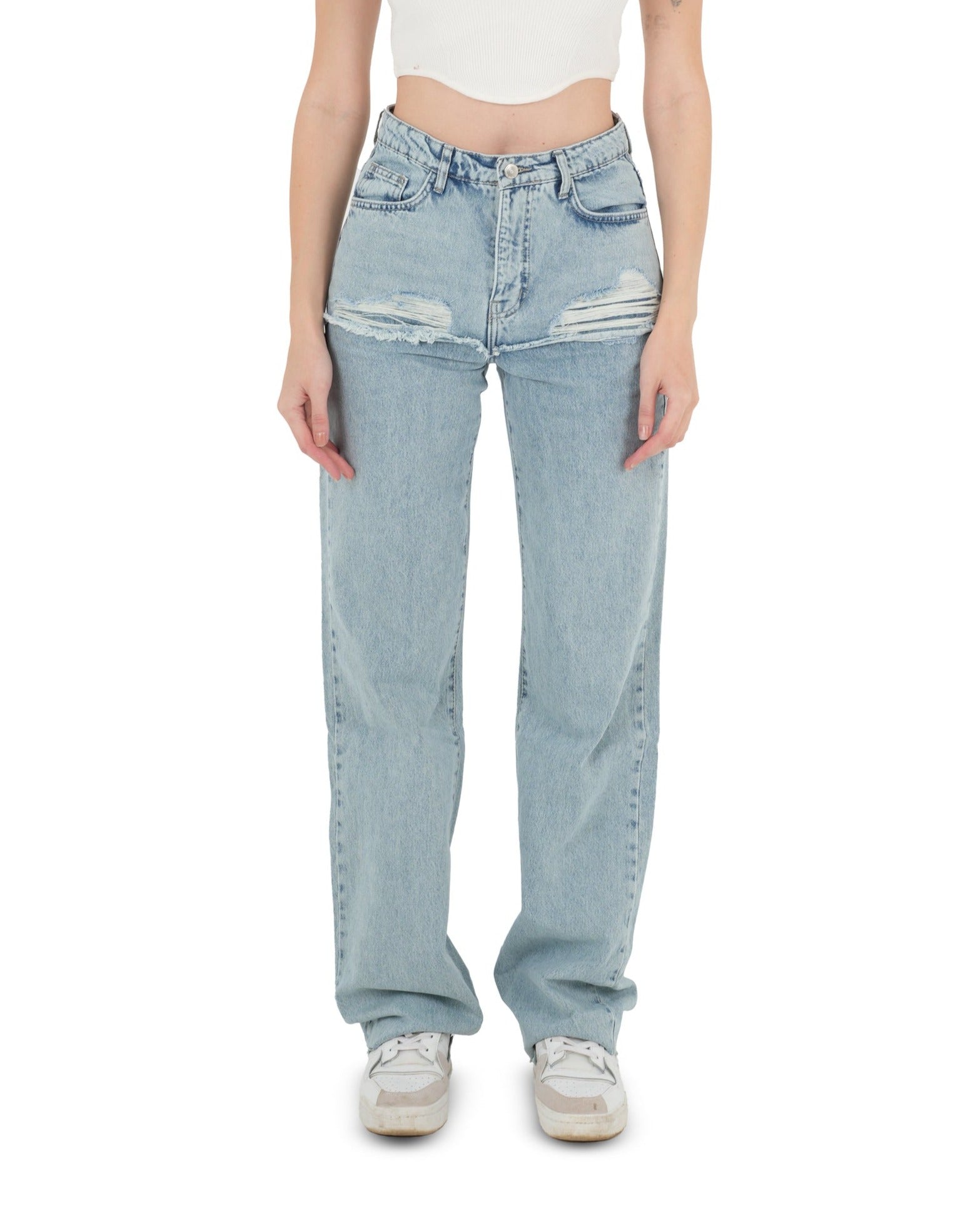 High-Waist Acid Wash Ripped Straight Leg Jeans