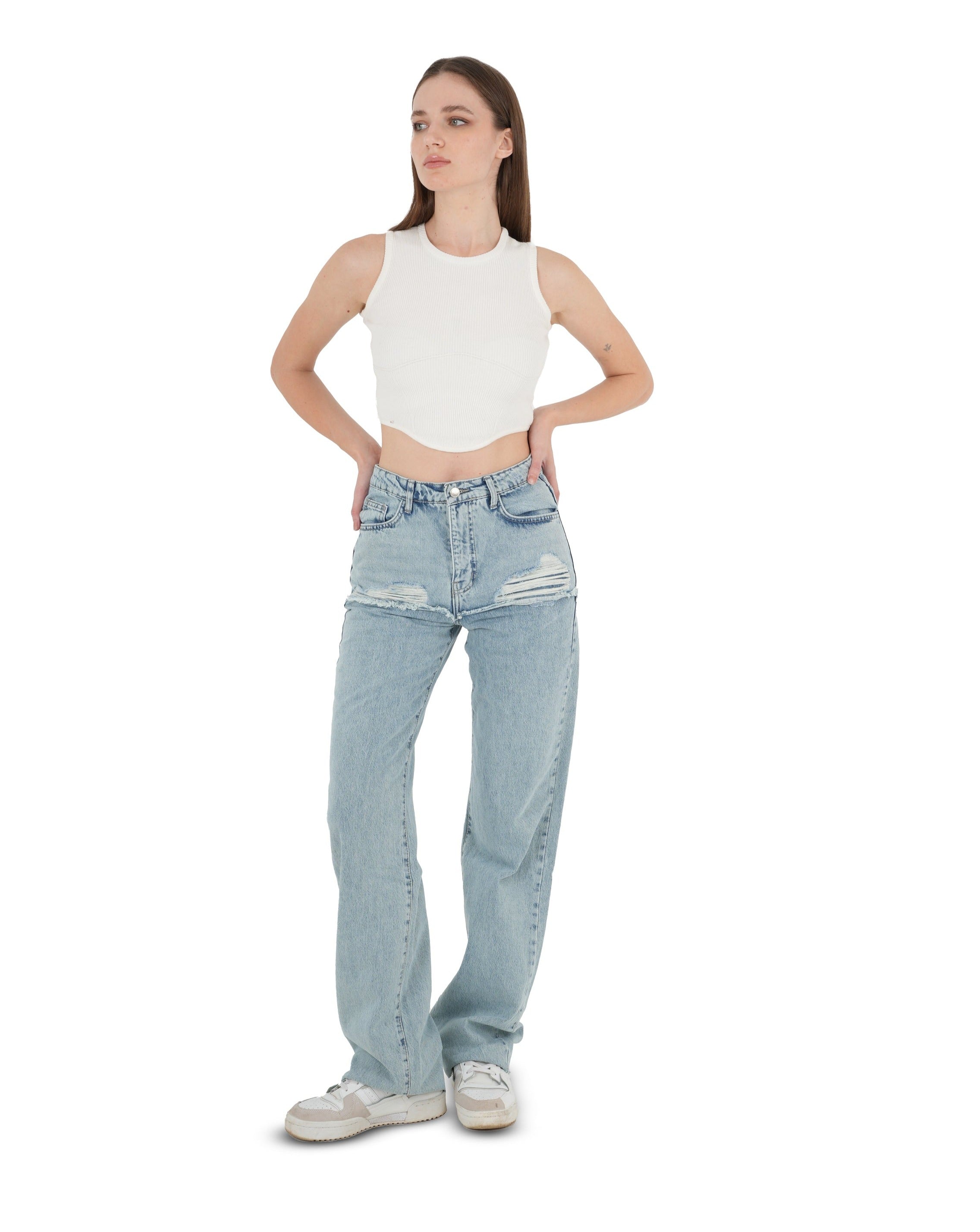 High-Waist Acid Wash Ripped Straight Leg Jeans