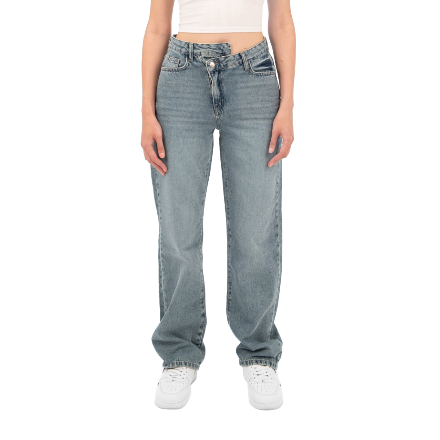 High-Waist Medium Wash Overlap Straight Leg Jeans - Lioroucci