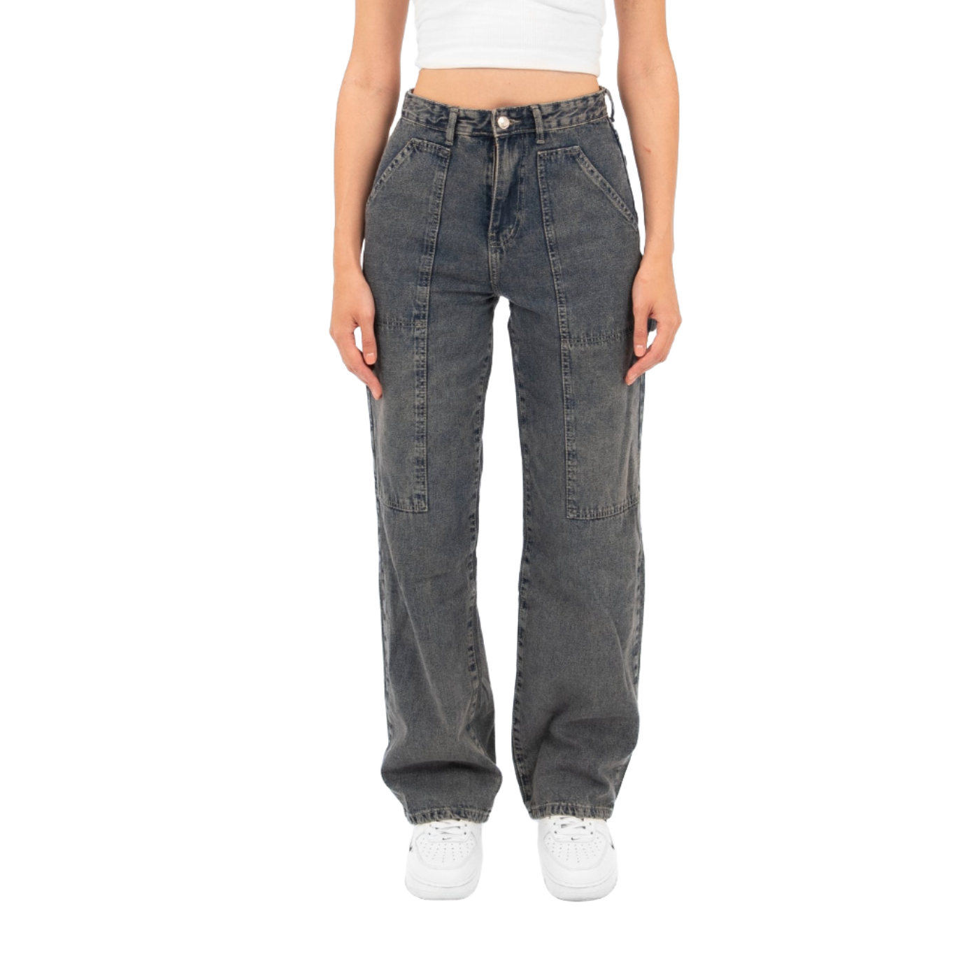 High-Waist Grey Straight Leg Jeans - Lioroucci