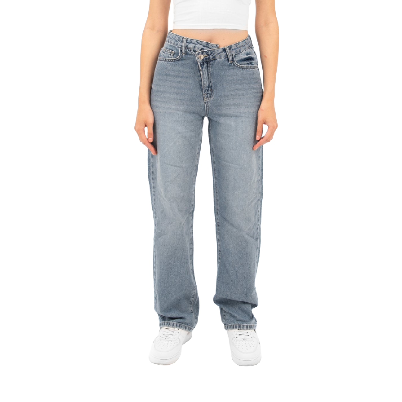 High-Waist Light Wash Overlap Straight Leg Jeans - Lioroucci