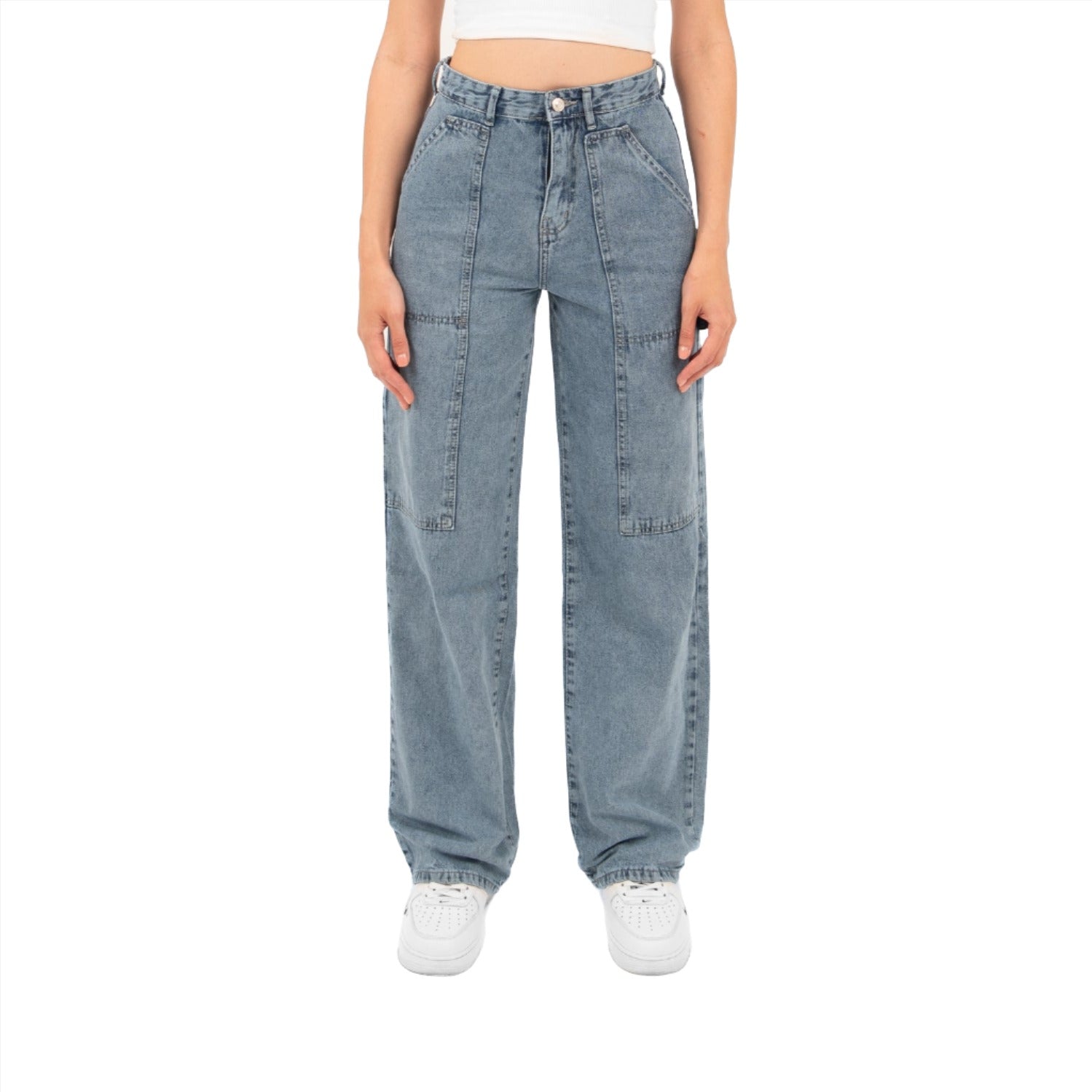 High-Waist Medium Wash Straight Leg Jeans - Lioroucci