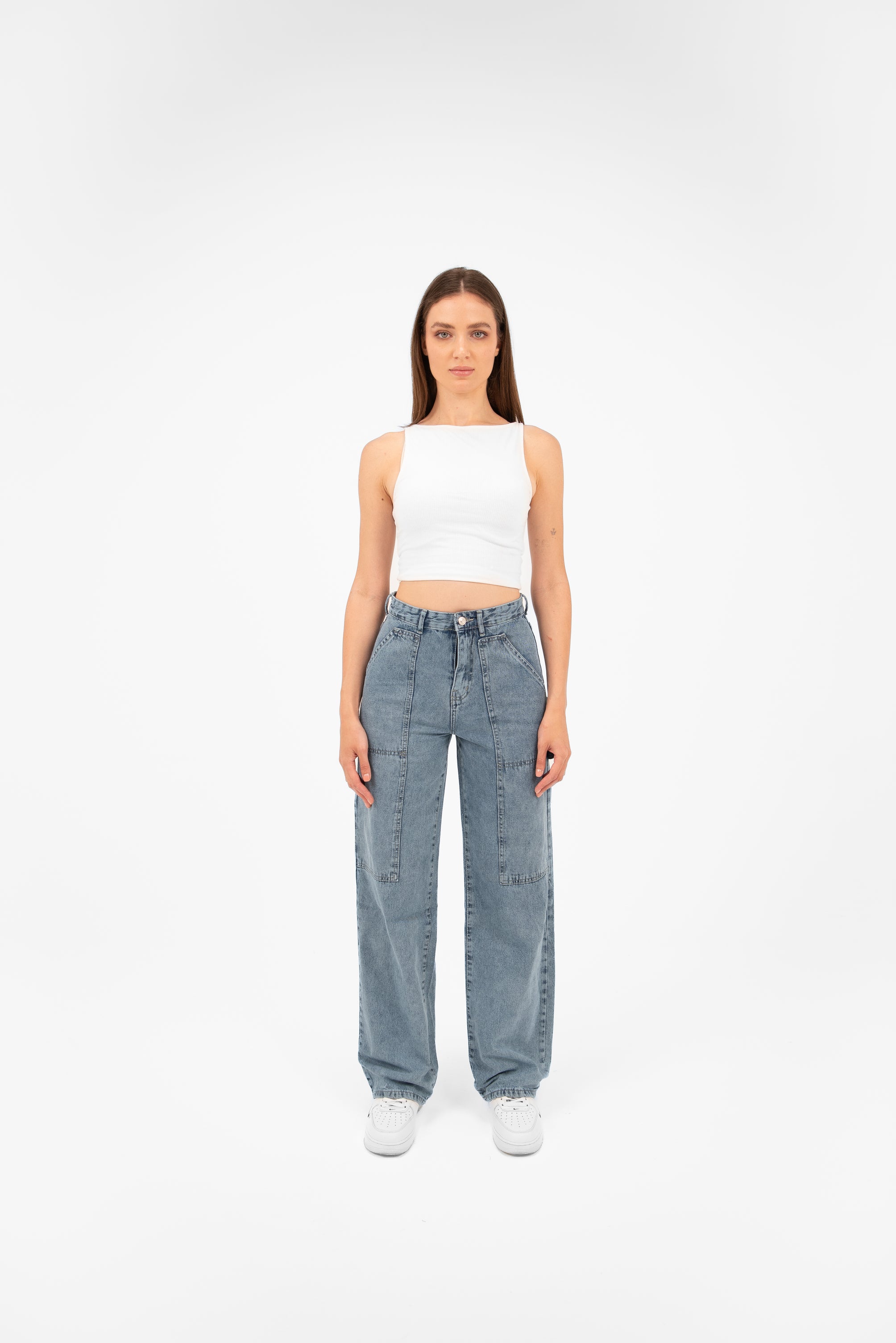 High-Waist Medium Wash Straight Leg Jeans - Lioroucci