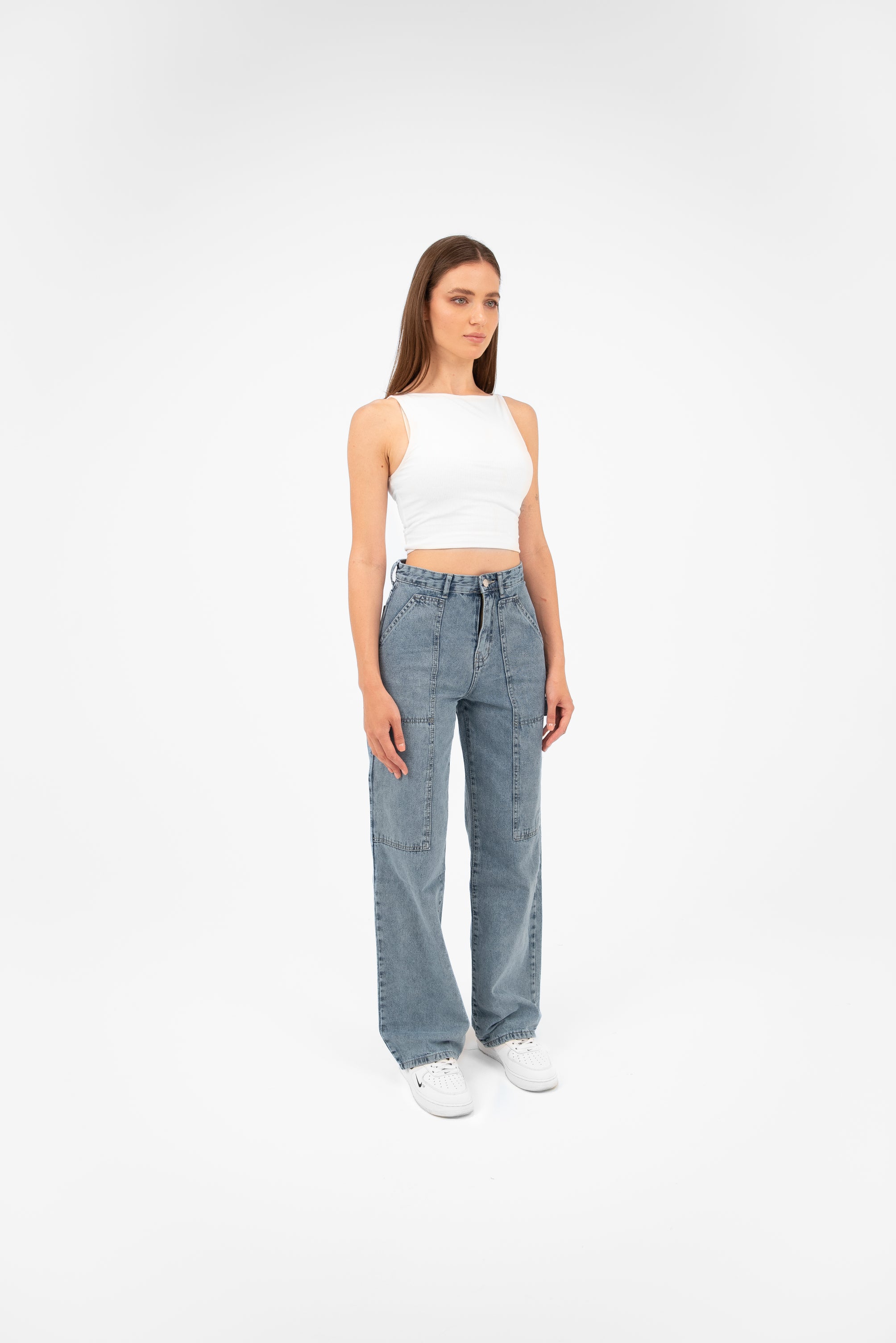 High-Waist Medium Wash Straight Leg Jeans - Lioroucci