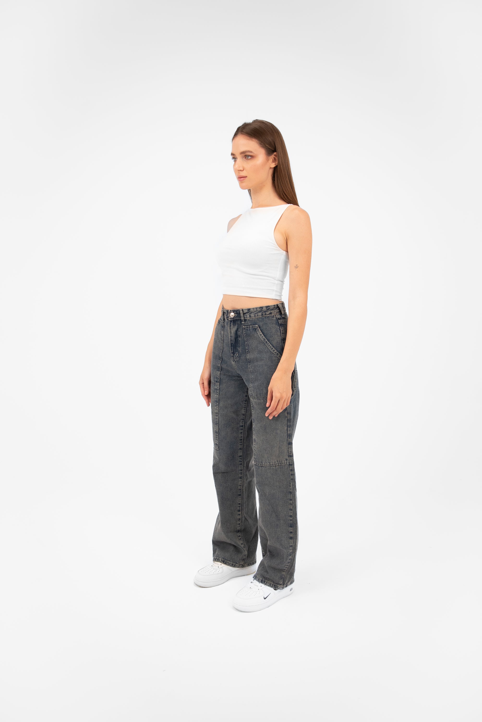 High-Waist Grey Straight Leg Jeans - Lioroucci