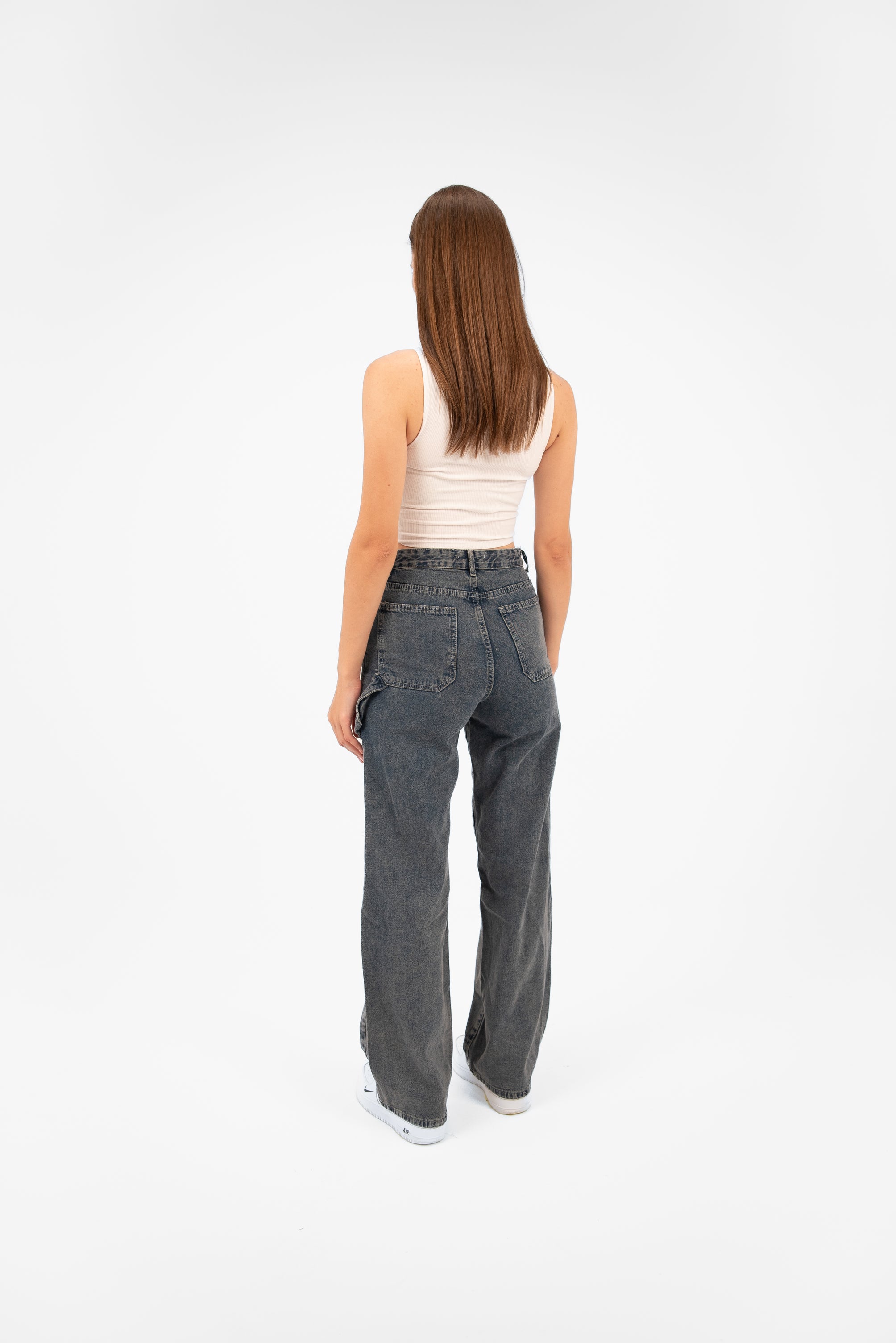 High-Waist Grey Straight Leg Jeans - Lioroucci