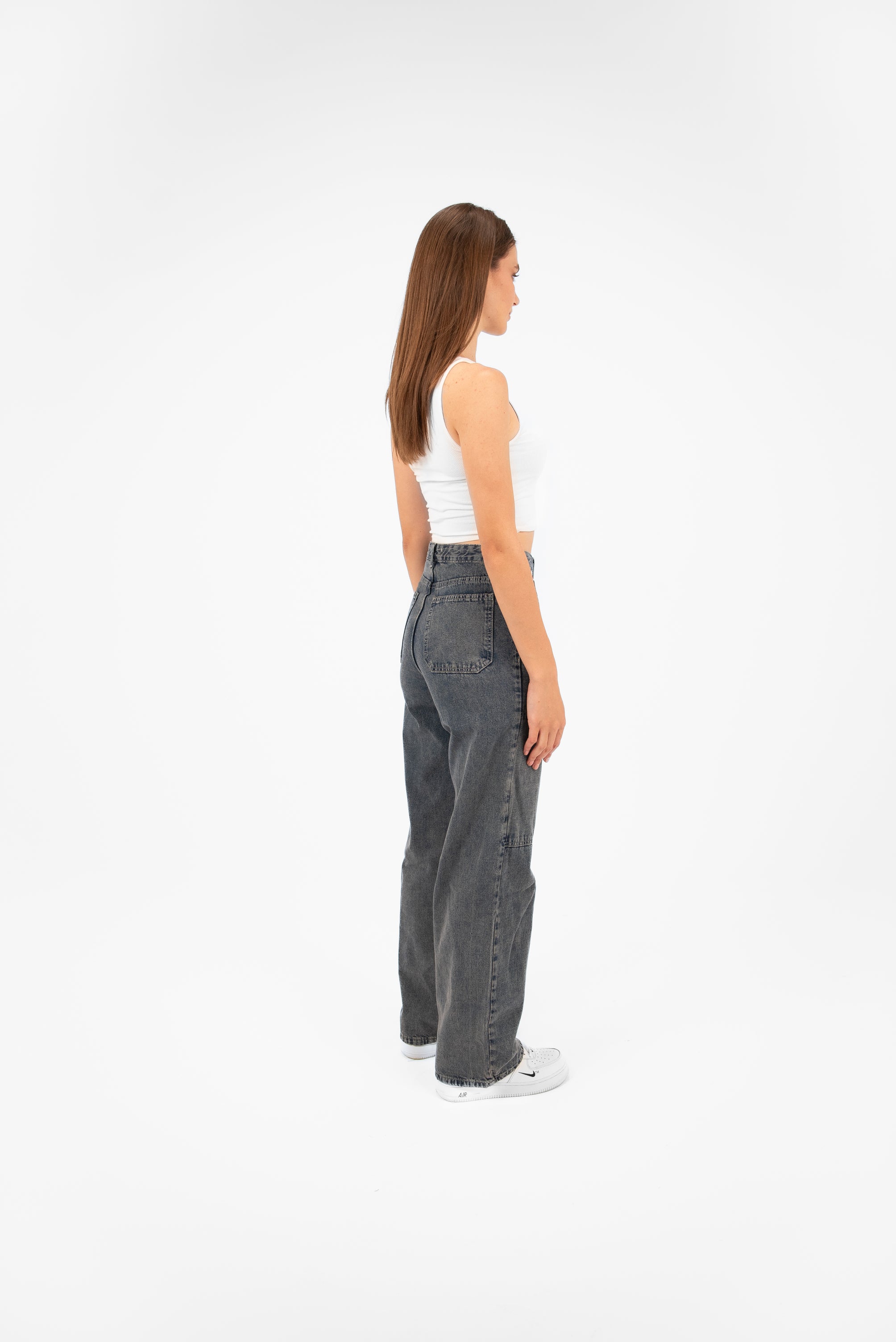 High-Waist Grey Straight Leg Jeans - Lioroucci