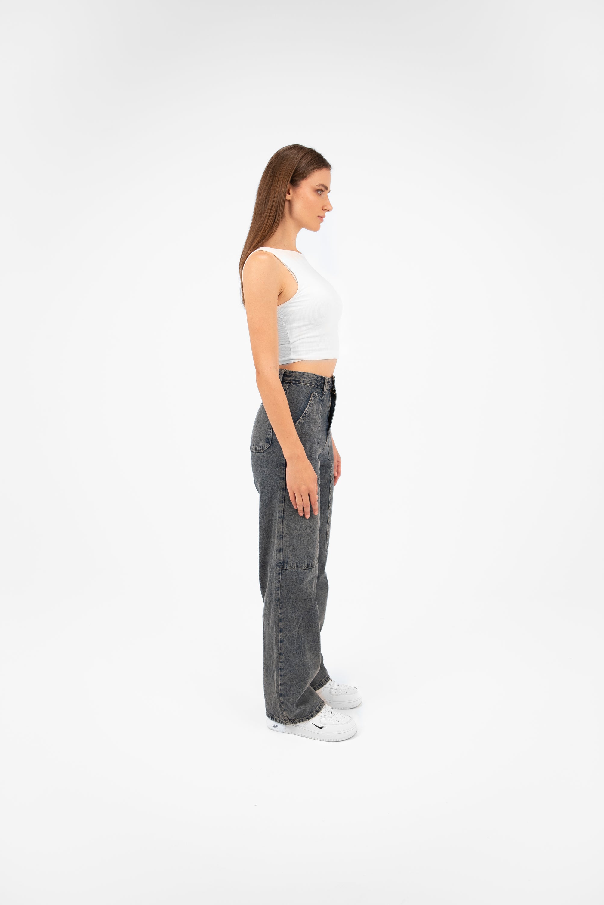 High-Waist Grey Straight Leg Jeans - Lioroucci