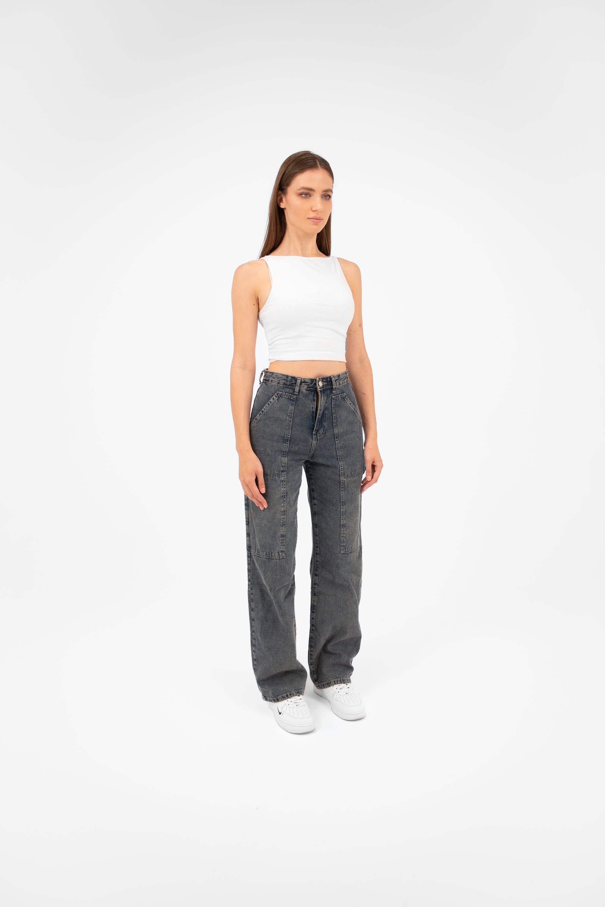 High-Waist Grey Straight Leg Jeans - Lioroucci