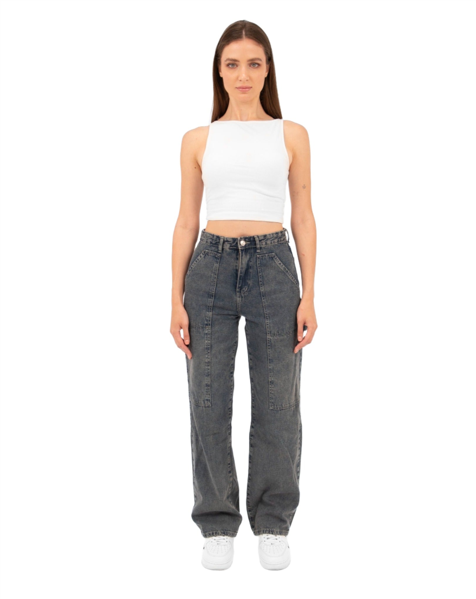 High-Waist Grey Straight Leg Jeans - Lioroucci