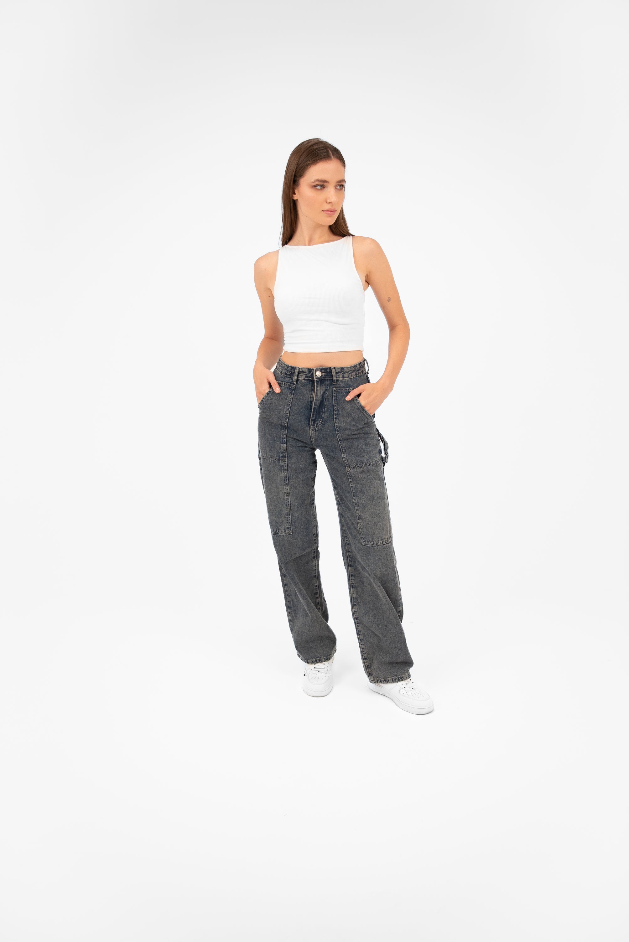 High-Waist Grey Straight Leg Jeans - Lioroucci