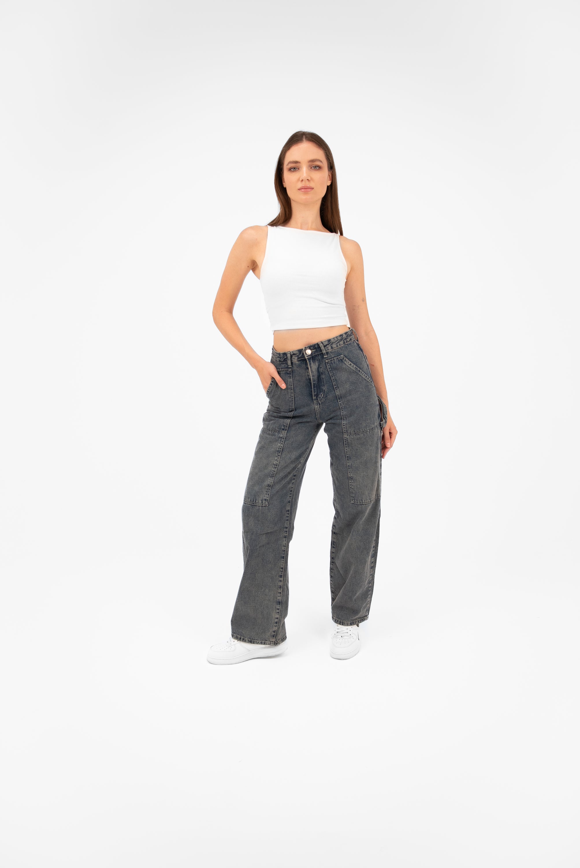 High-Waist Grey Straight Leg Jeans - Lioroucci