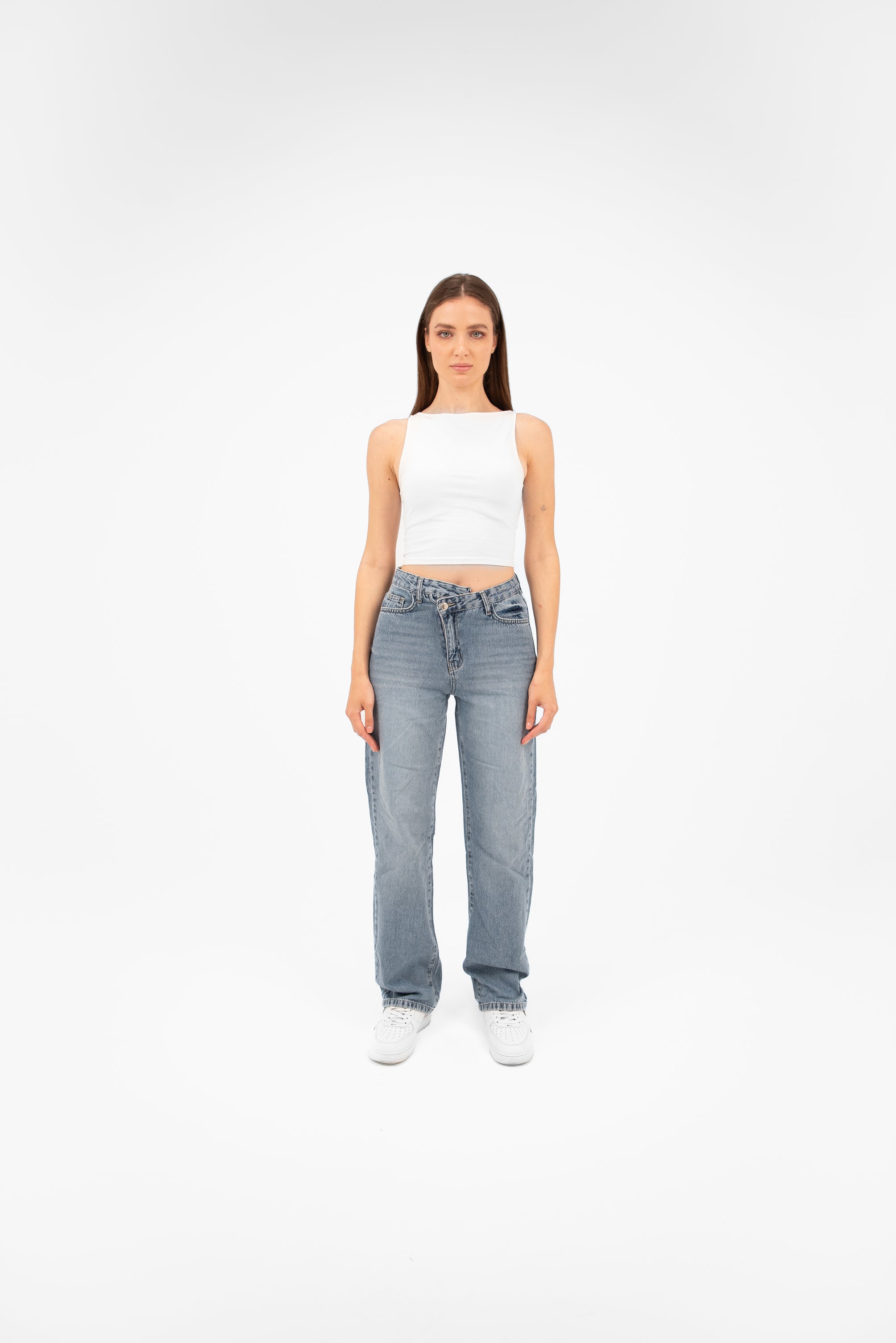 High-Waist Light Wash Overlap Straight Leg Jeans - Lioroucci