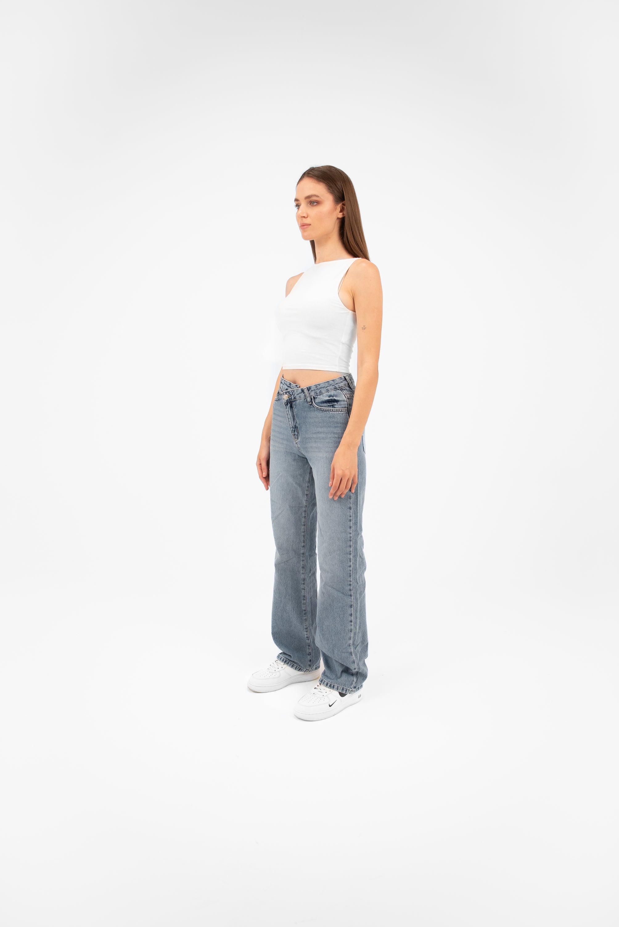 High-Waist Light Wash Overlap Straight Leg Jeans - Lioroucci