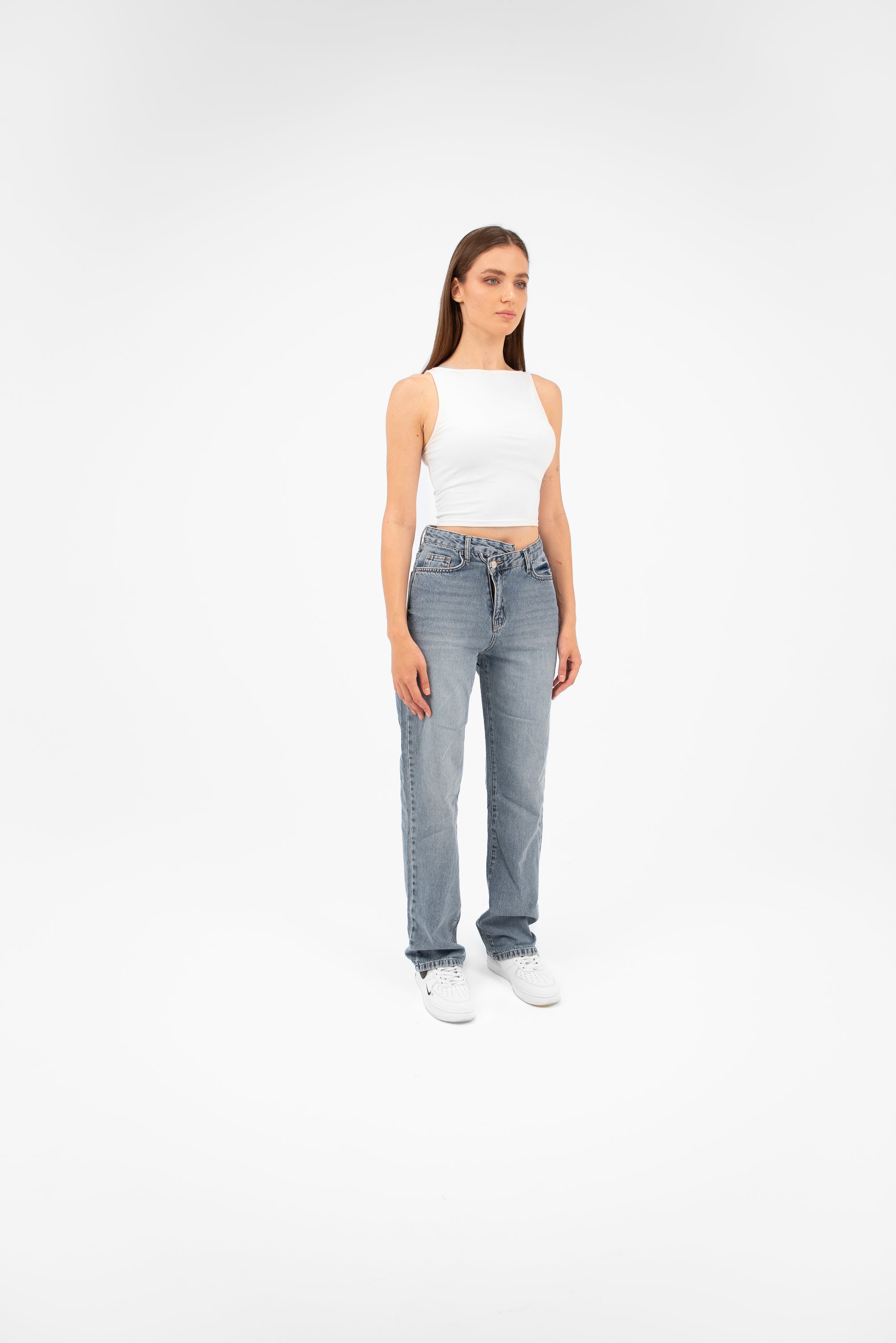 High-Waist Light Wash Overlap Straight Leg Jeans - Lioroucci