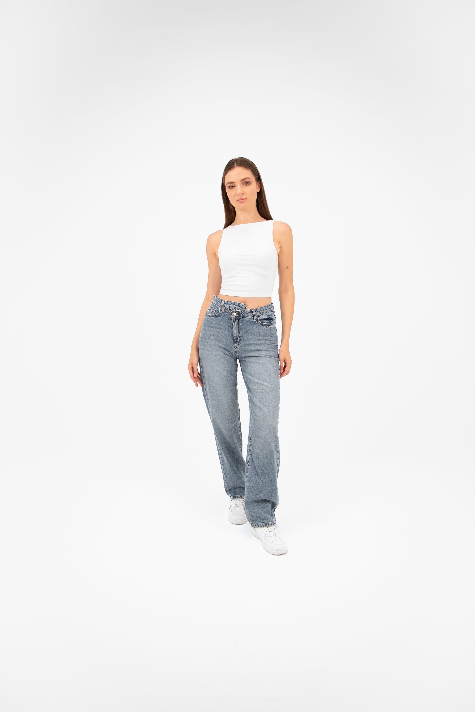 High-Waist Light Wash Overlap Straight Leg Jeans - Lioroucci