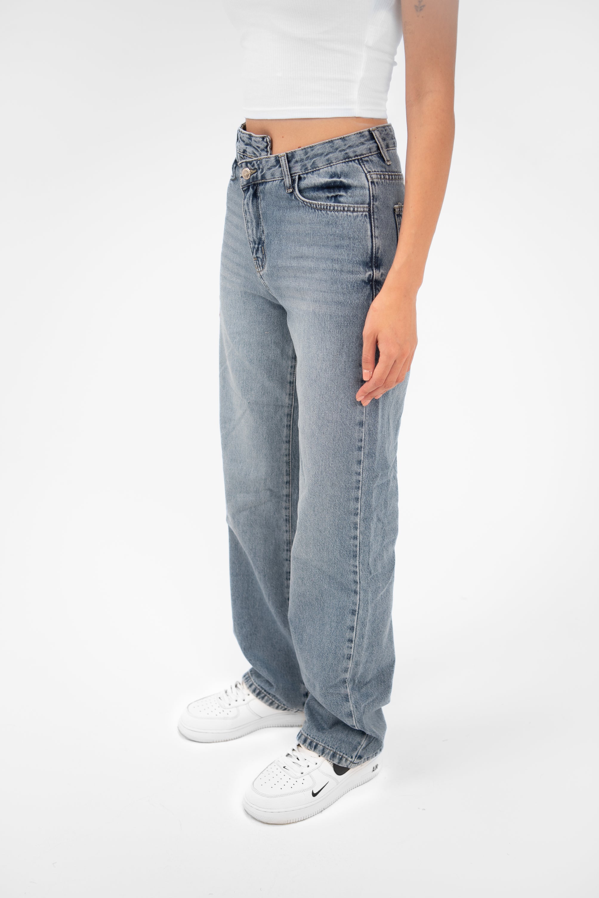 High-Waist Light Wash Overlap Straight Leg Jeans - Lioroucci