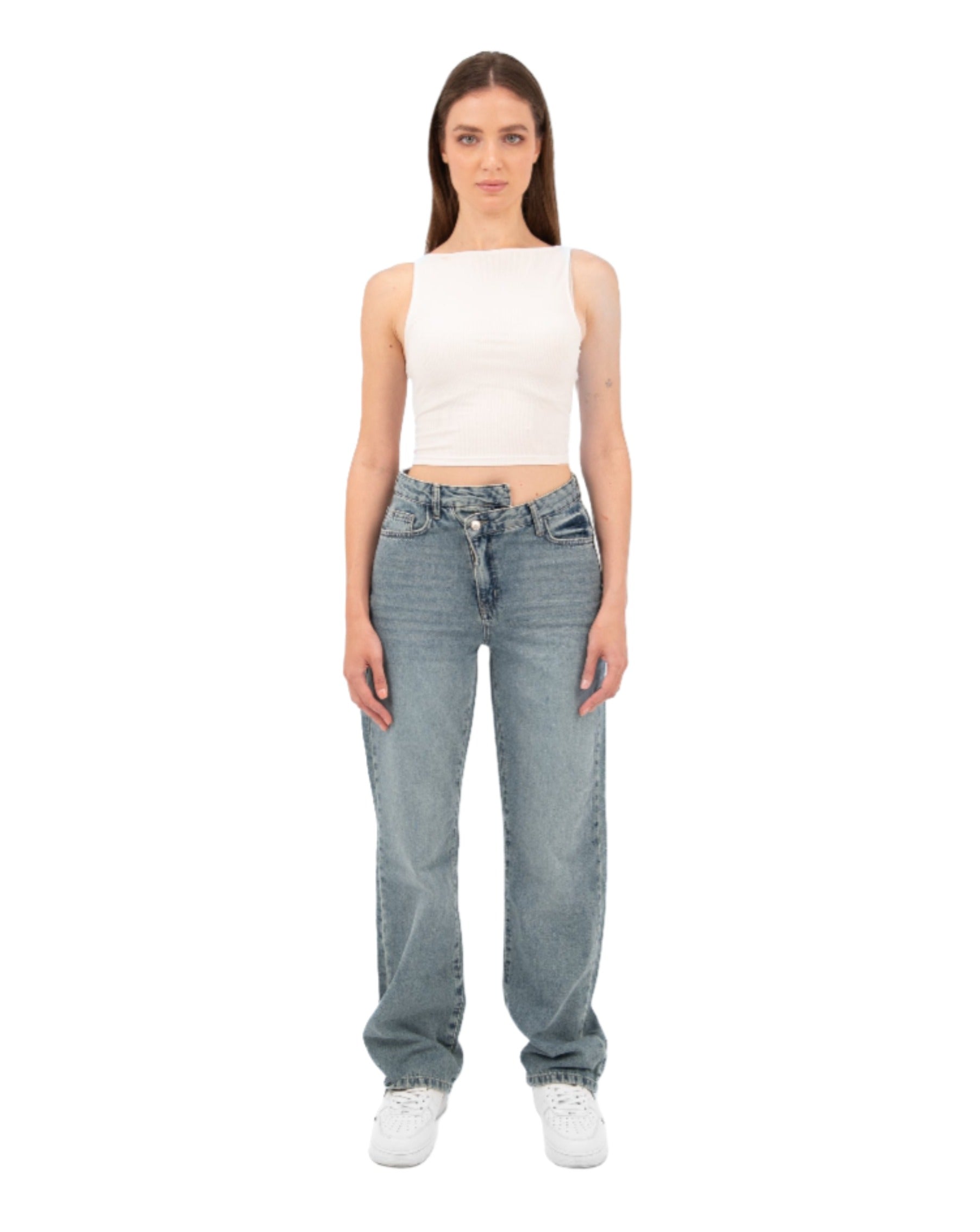 High-Waist Medium Wash Overlap Straight Leg Jeans - Lioroucci