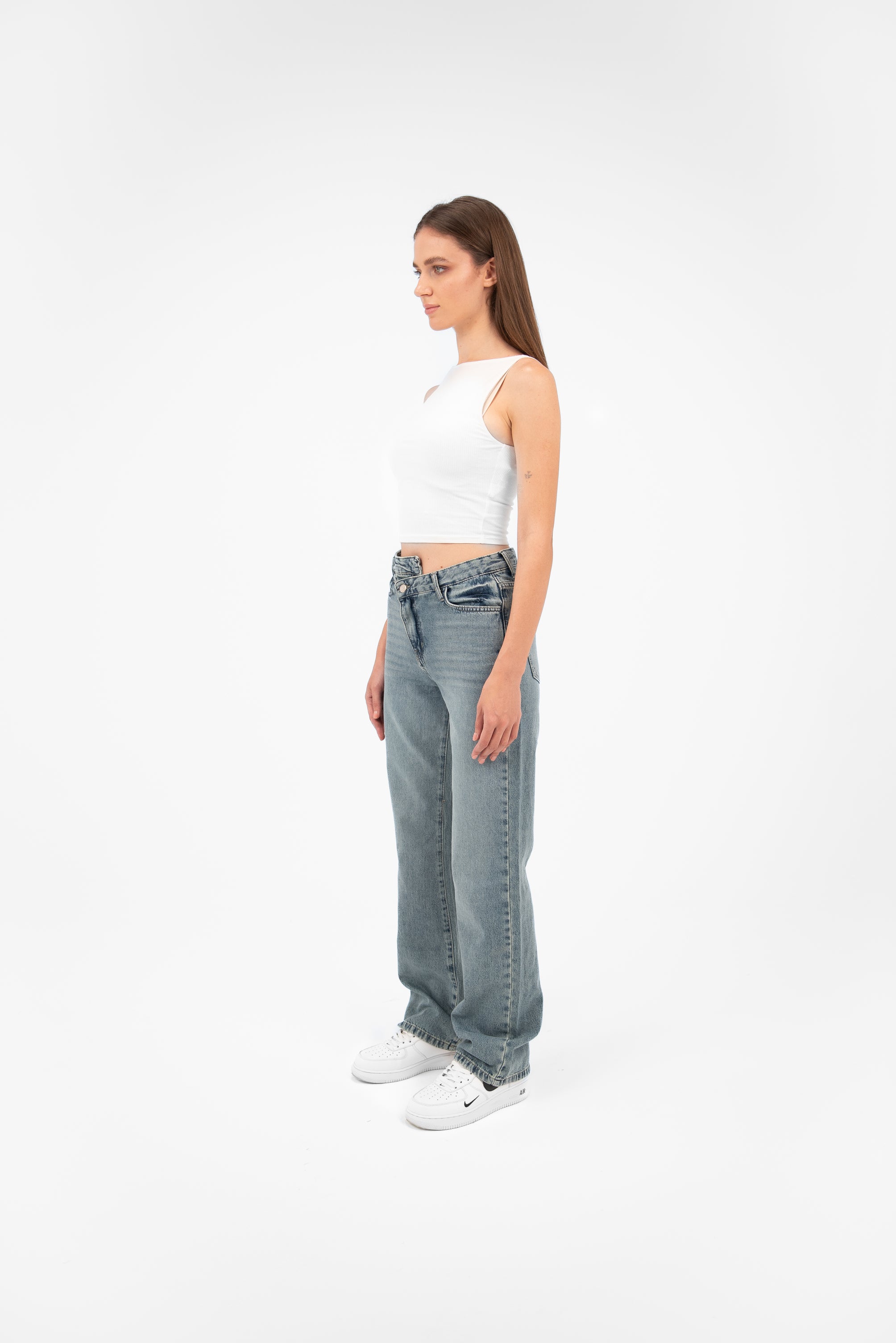 High-Waist Medium Wash Overlap Straight Leg Jeans - Lioroucci