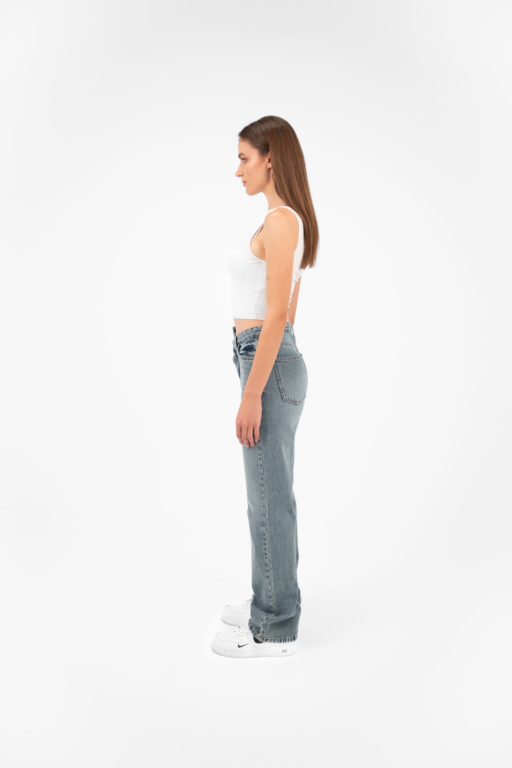 High-Waist Medium Wash Overlap Straight Leg Jeans - Lioroucci