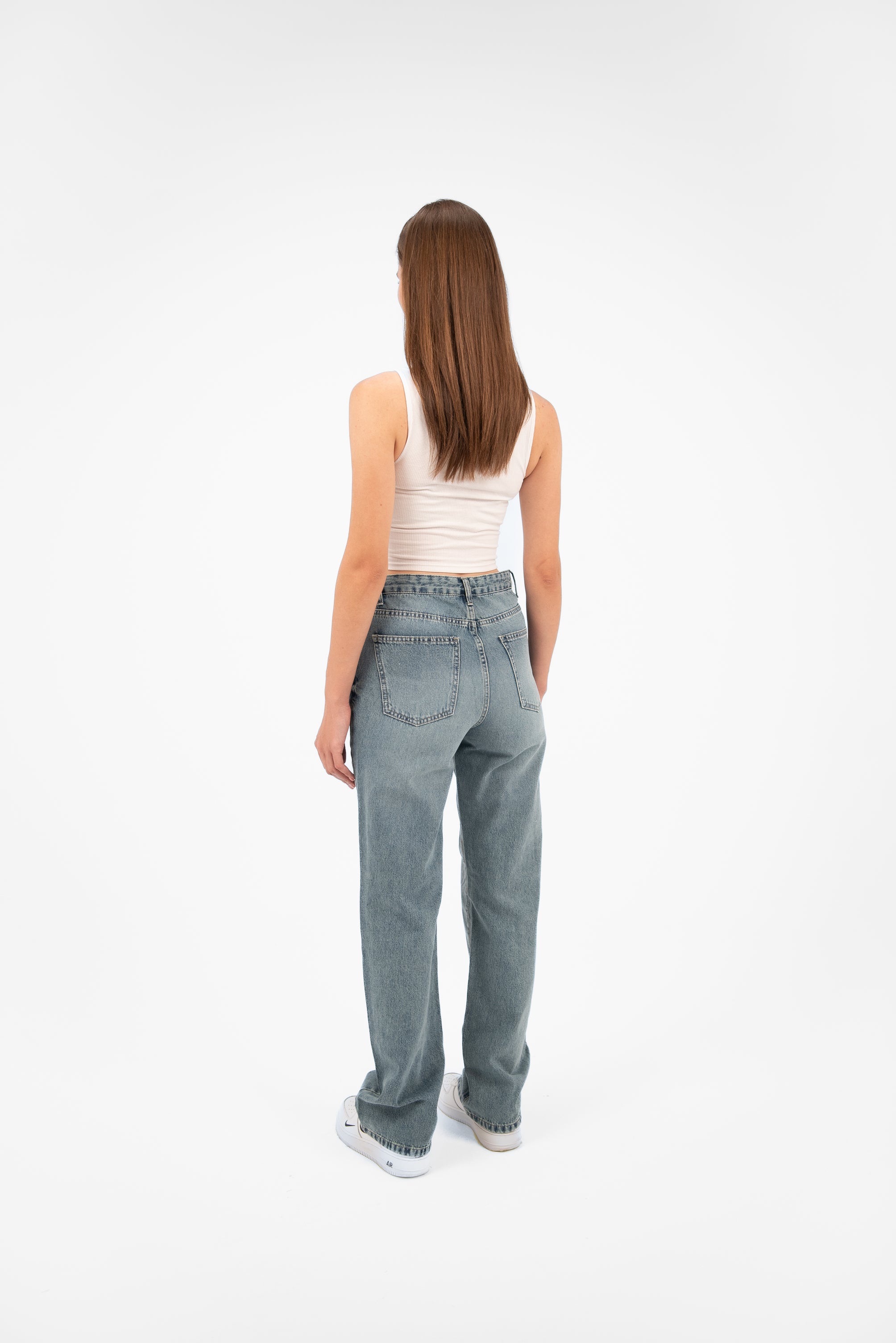 High-Waist Medium Wash Overlap Straight Leg Jeans - Lioroucci