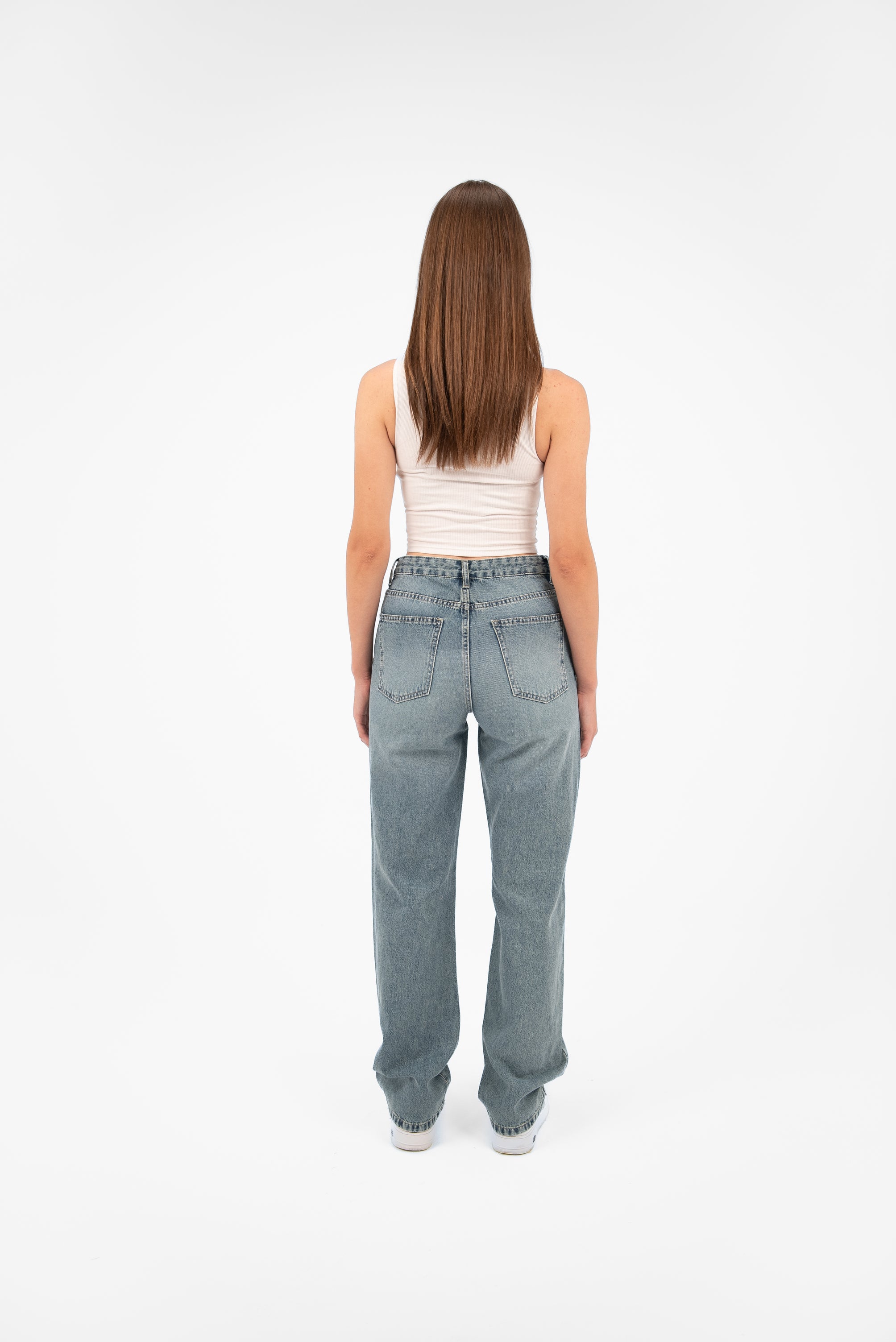 High-Waist Medium Wash Overlap Straight Leg Jeans - Lioroucci