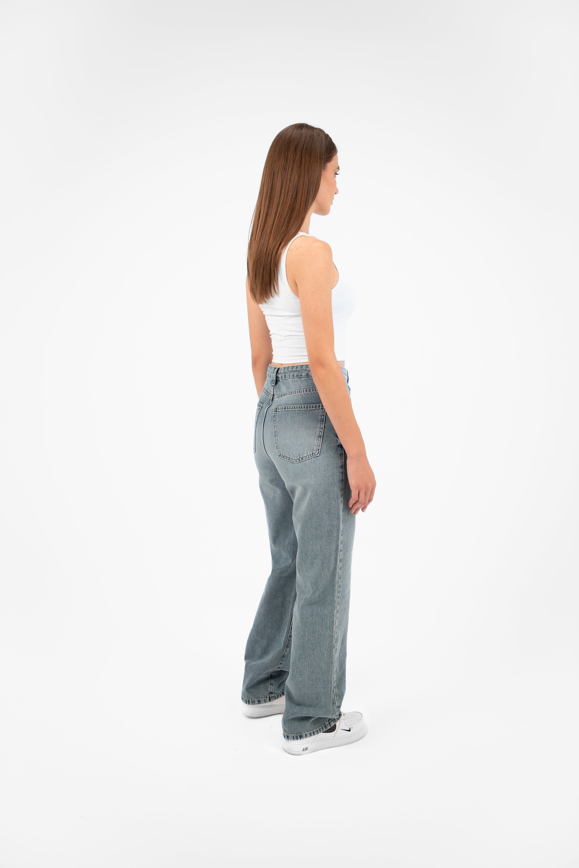 High-Waist Medium Wash Overlap Straight Leg Jeans - Lioroucci