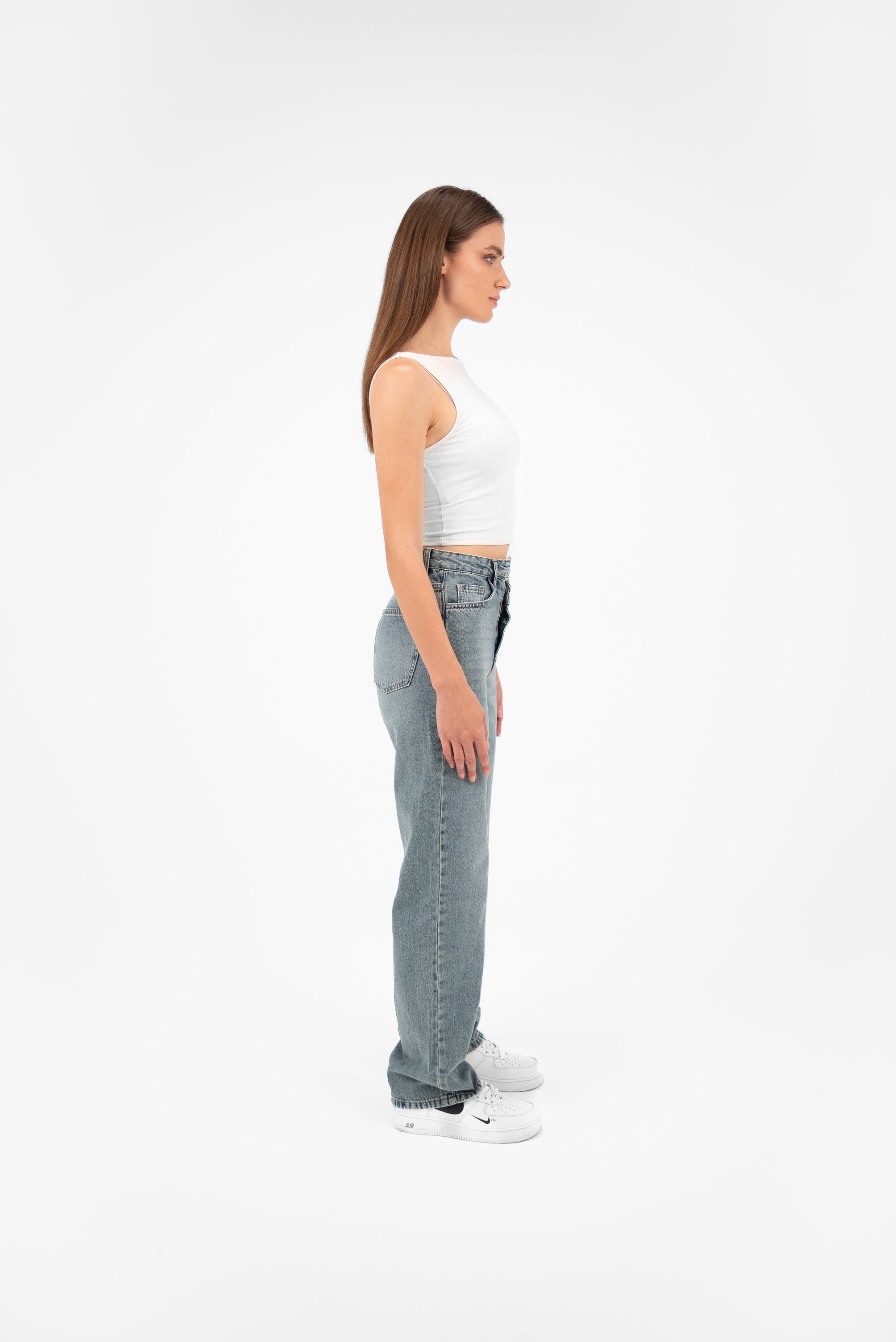 High-Waist Medium Wash Overlap Straight Leg Jeans - Lioroucci