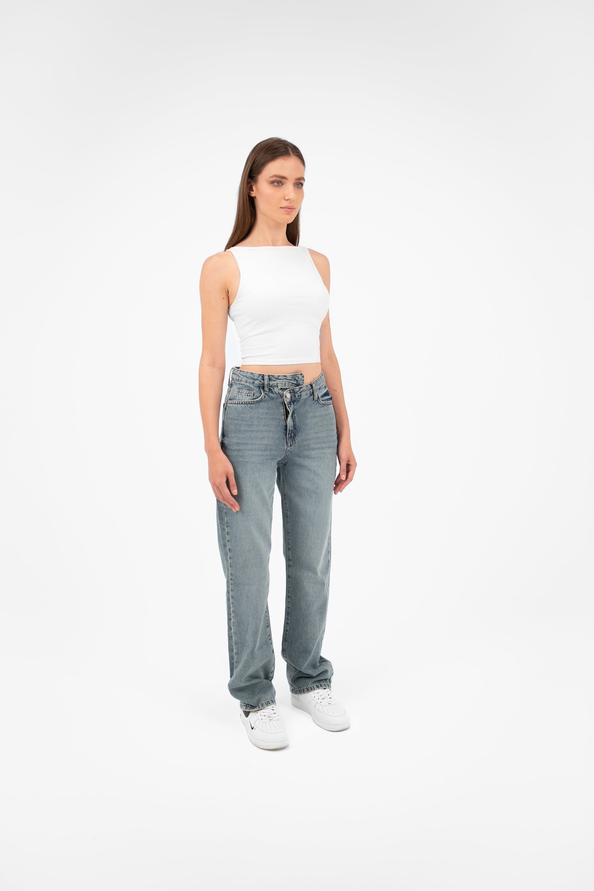 High-Waist Medium Wash Overlap Straight Leg Jeans - Lioroucci