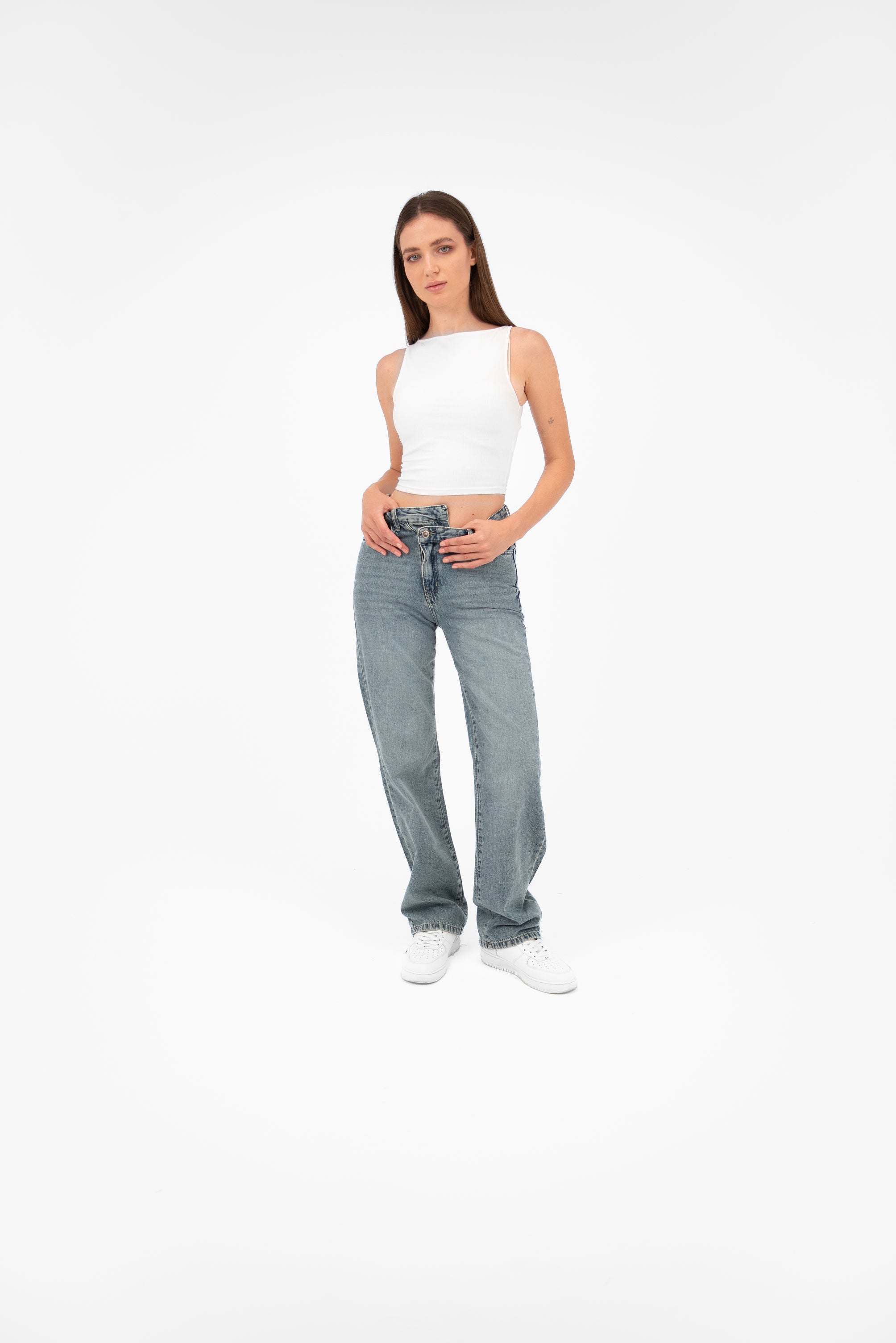 High-Waist Medium Wash Overlap Straight Leg Jeans - Lioroucci