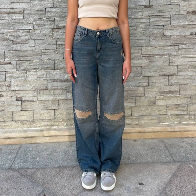 High-Waist Dirty Wash Ripped Wide Leg Jeans