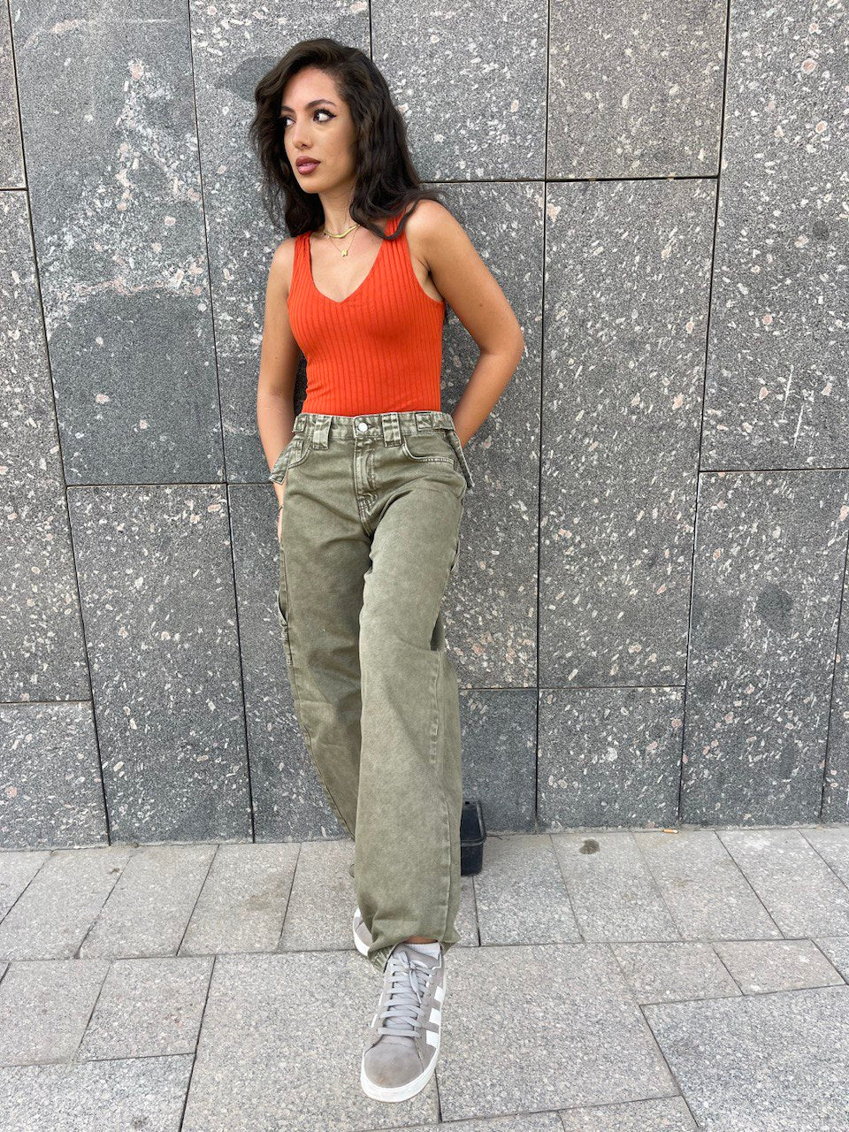 High-Waist Olive Skater Jeans