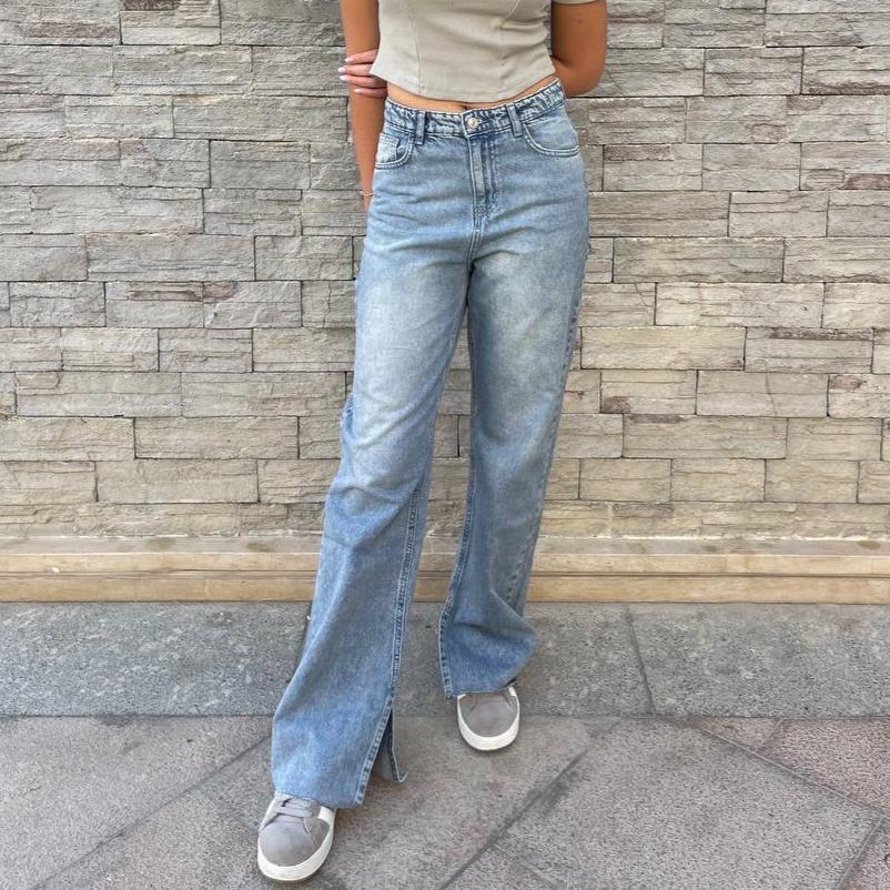 High-Waist Dirty Wash Split Side Straight Leg Jeans