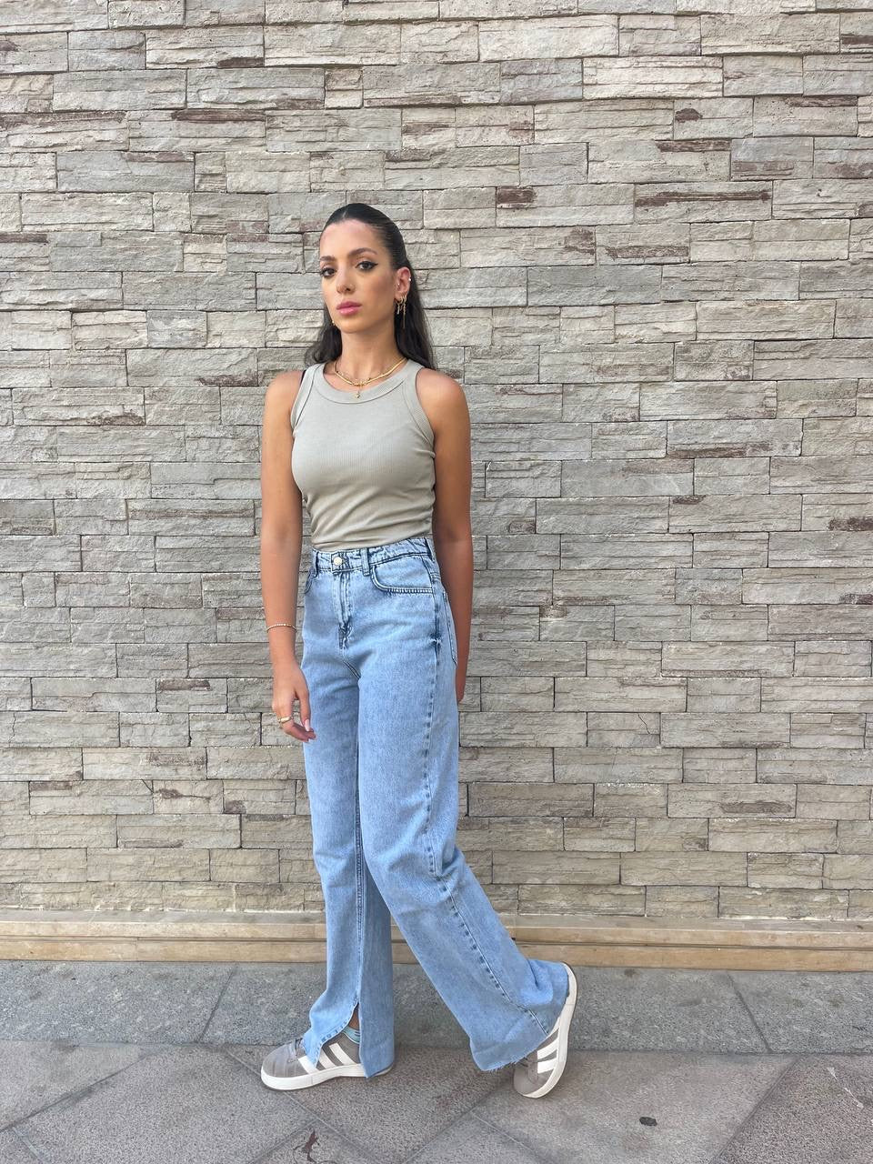 High-Waist Light Wash Split Side Straight Leg Jeans