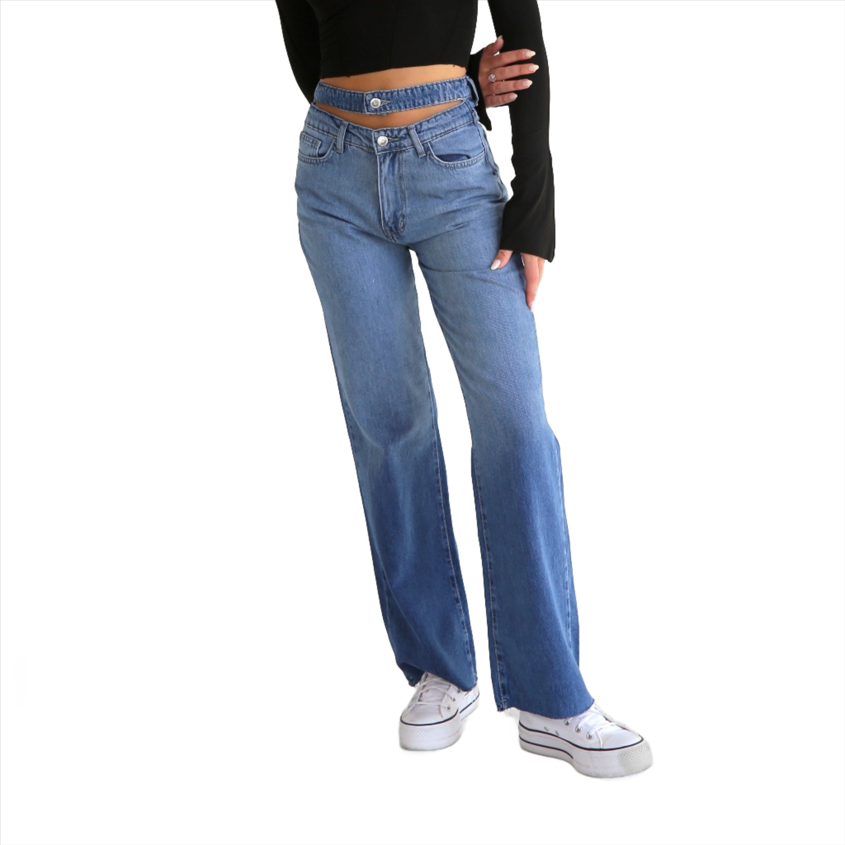 Straight Leg Jeans With Double Waist Medium Blue - Lioroucci