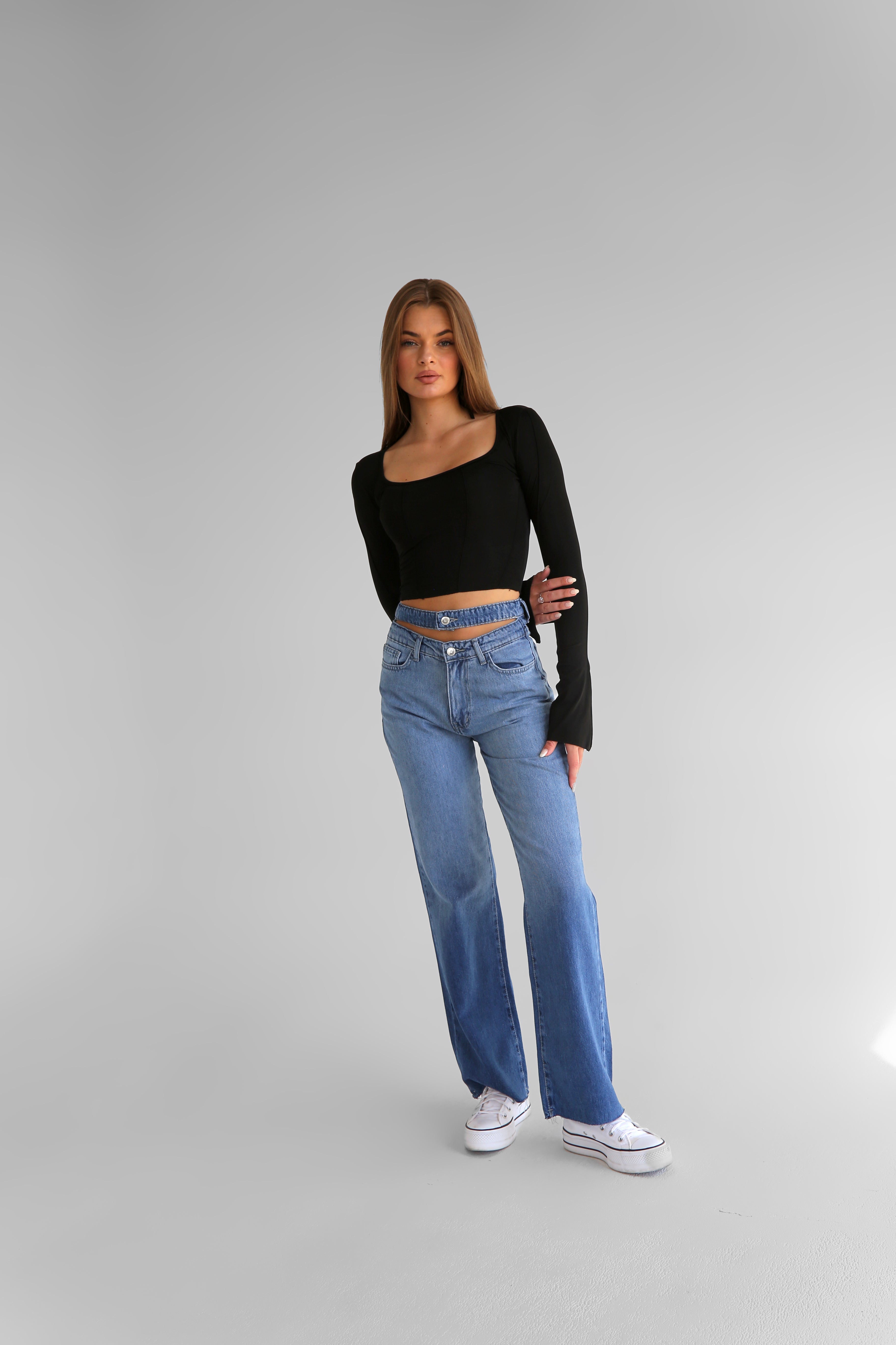 Double Waist Medium Blue Straight Leg Jeans - Lioroucci