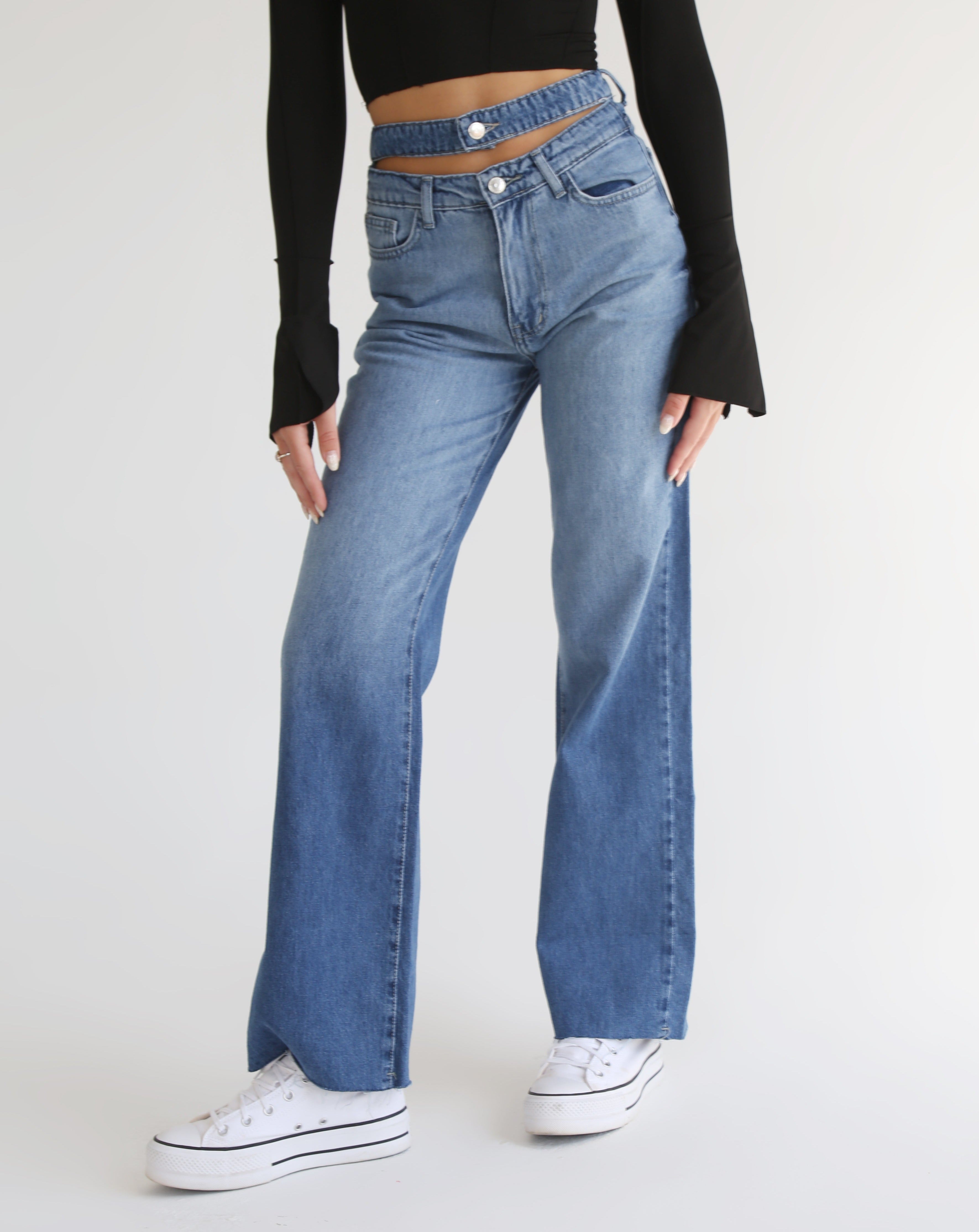 Straight Leg Jeans With Double Waist Medium Blue - Lioroucci