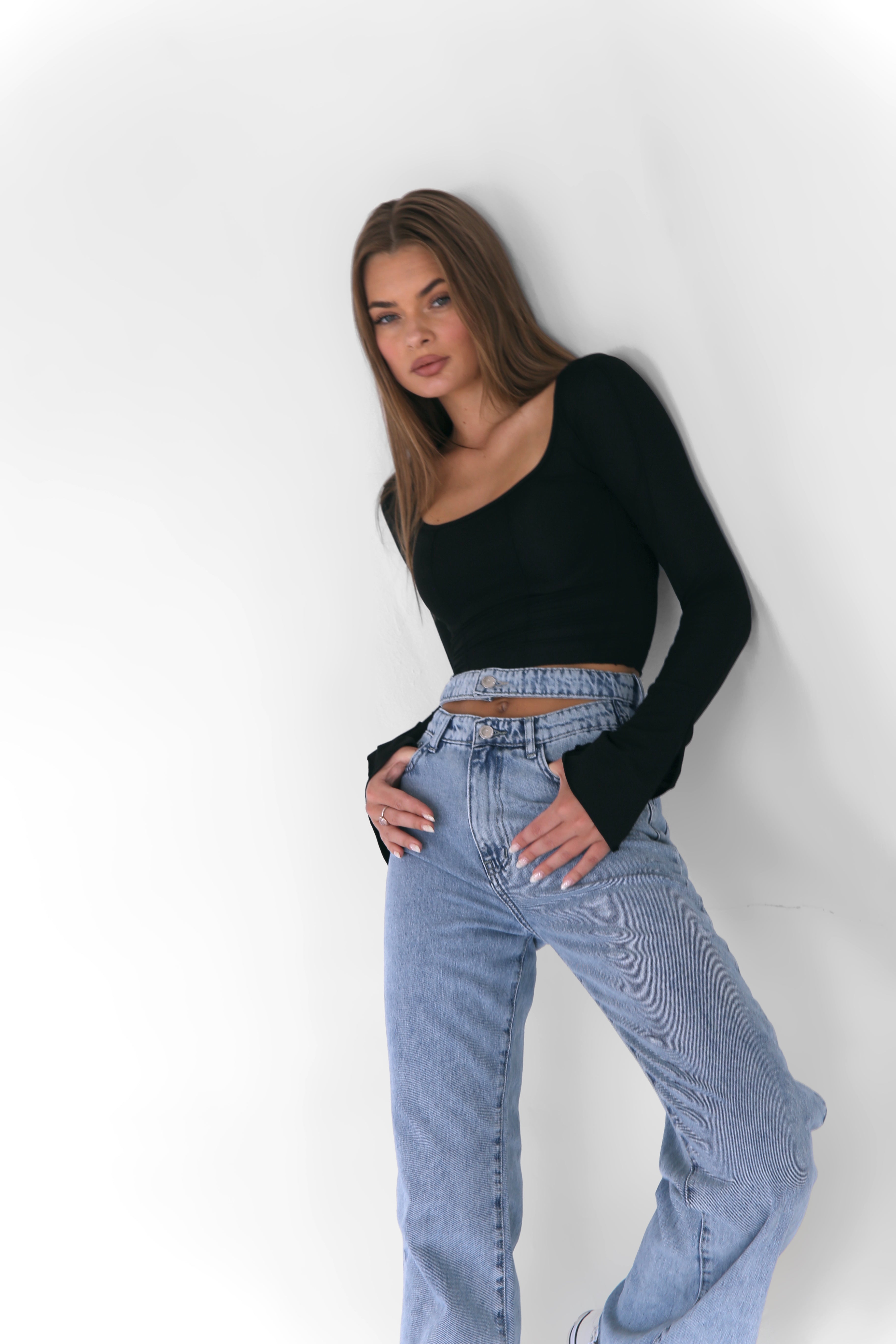 Straight Leg Jeans With Double Waist Light Blue - Lioroucci