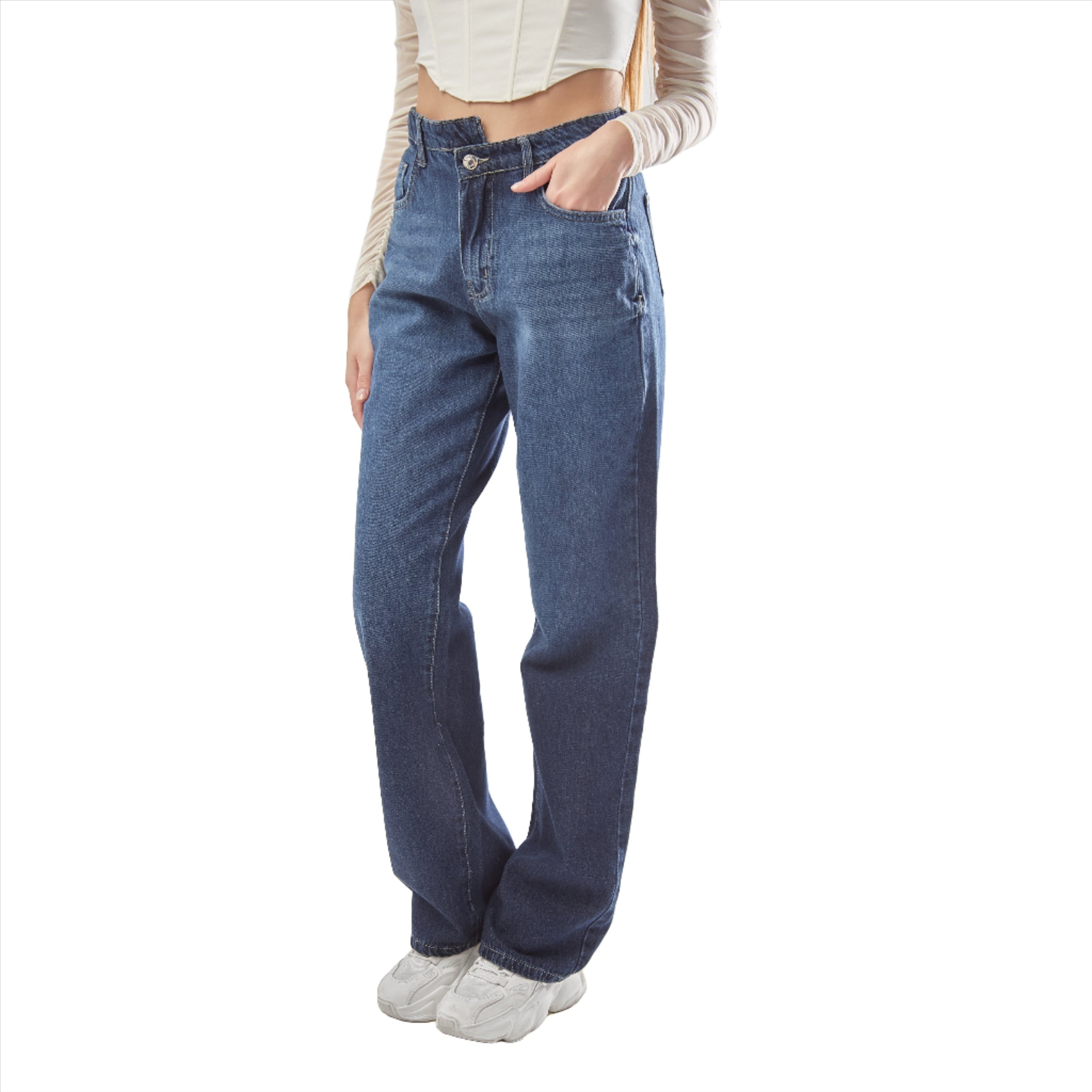 High-Waist Dark Blue Criss Cross-Belt Straight Leg Jeans - Lioroucci