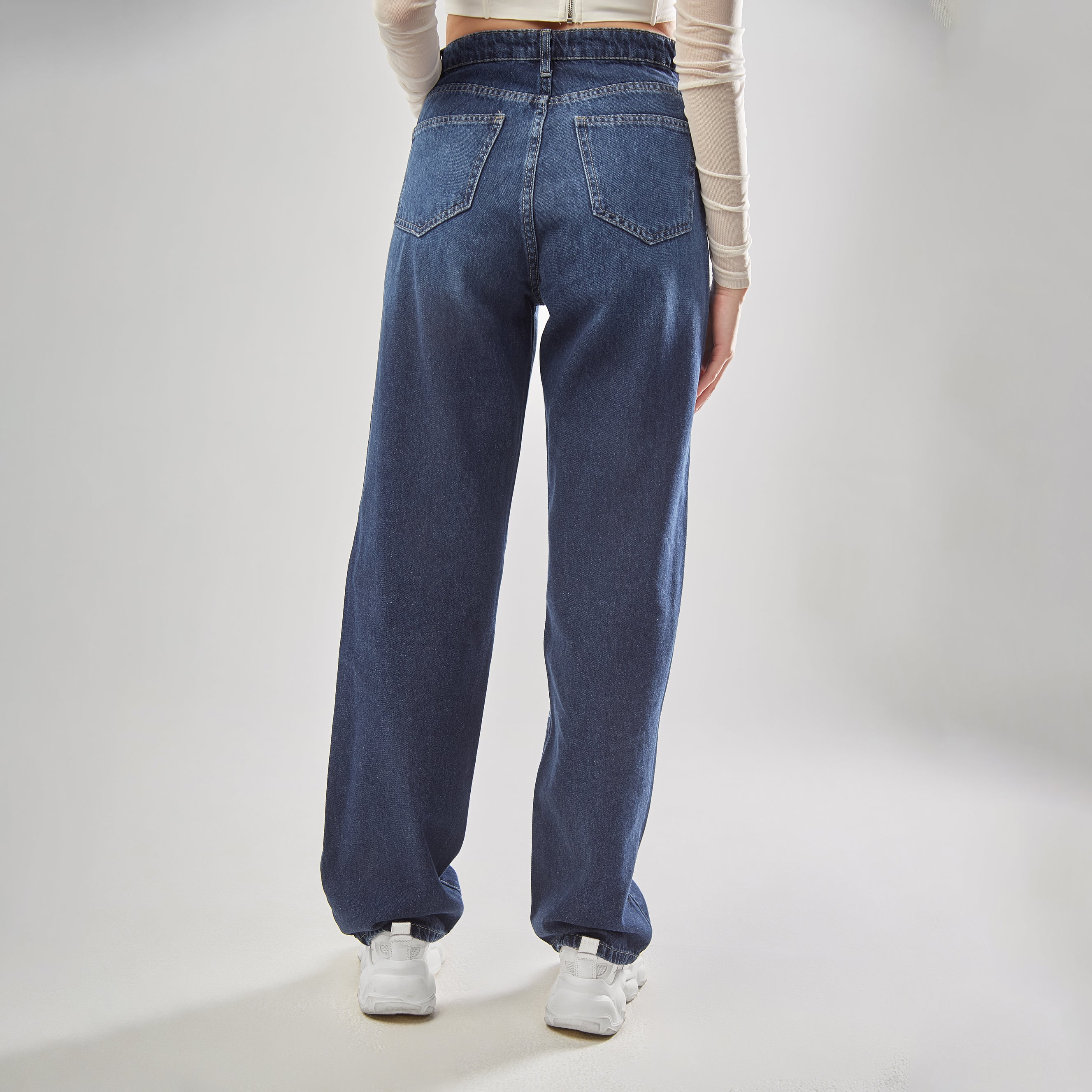 High-Waist Dark Blue Criss Cross-Belt Straight Leg Jeans - Lioroucci