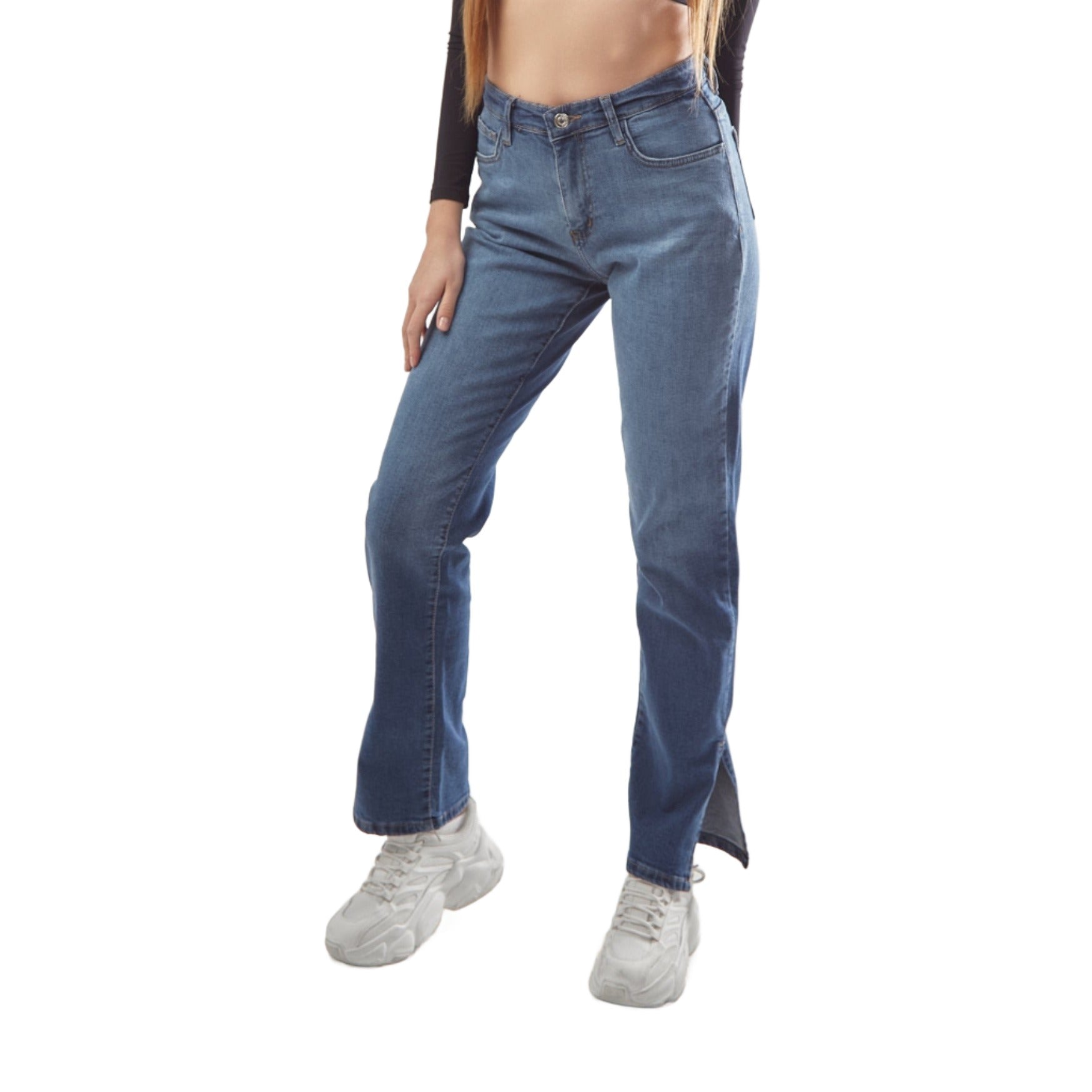 High-Waist Dark Blue Split Side Straight Leg Jeans - Lioroucci