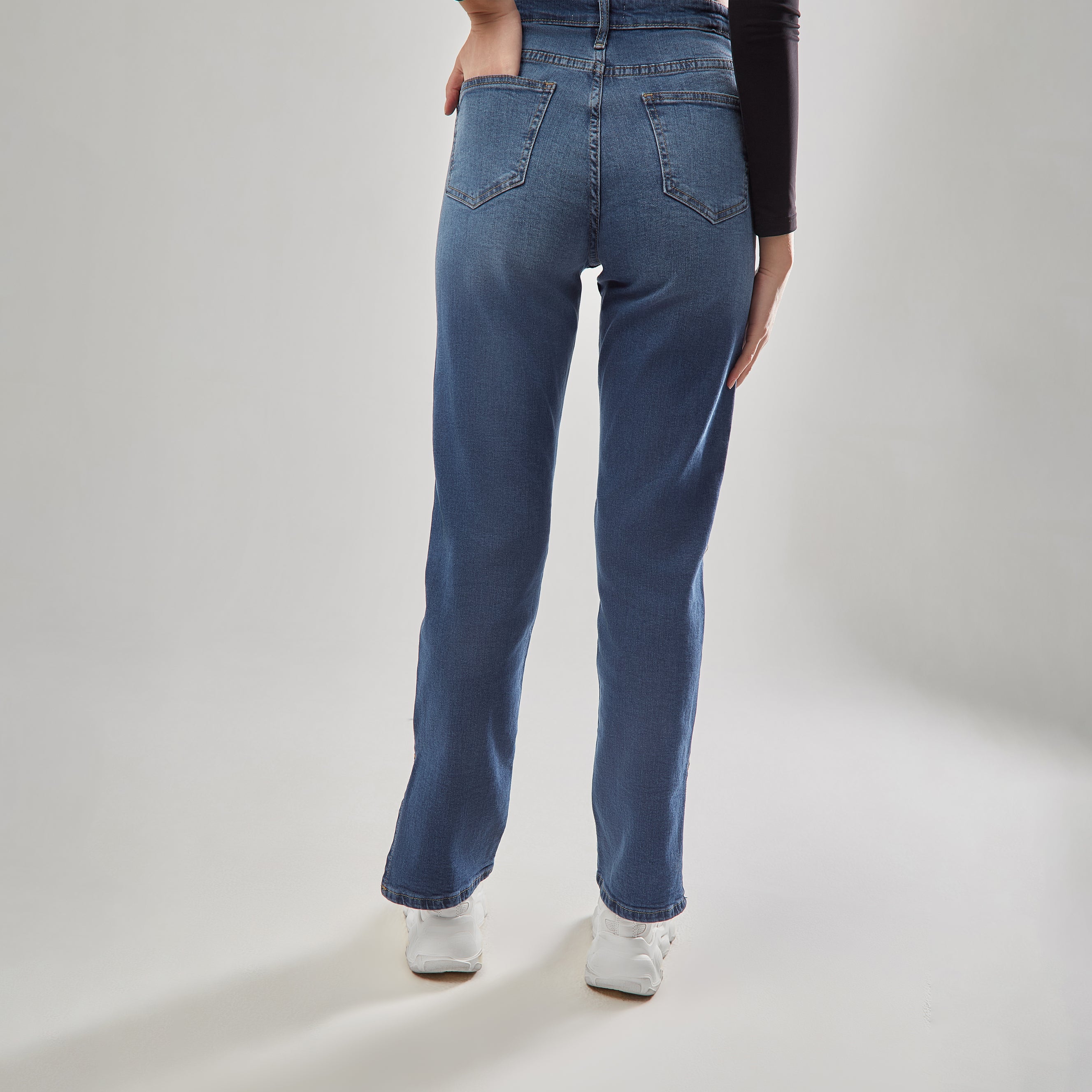 High-Waist Dark Blue Split Side Straight Leg Jeans - Lioroucci