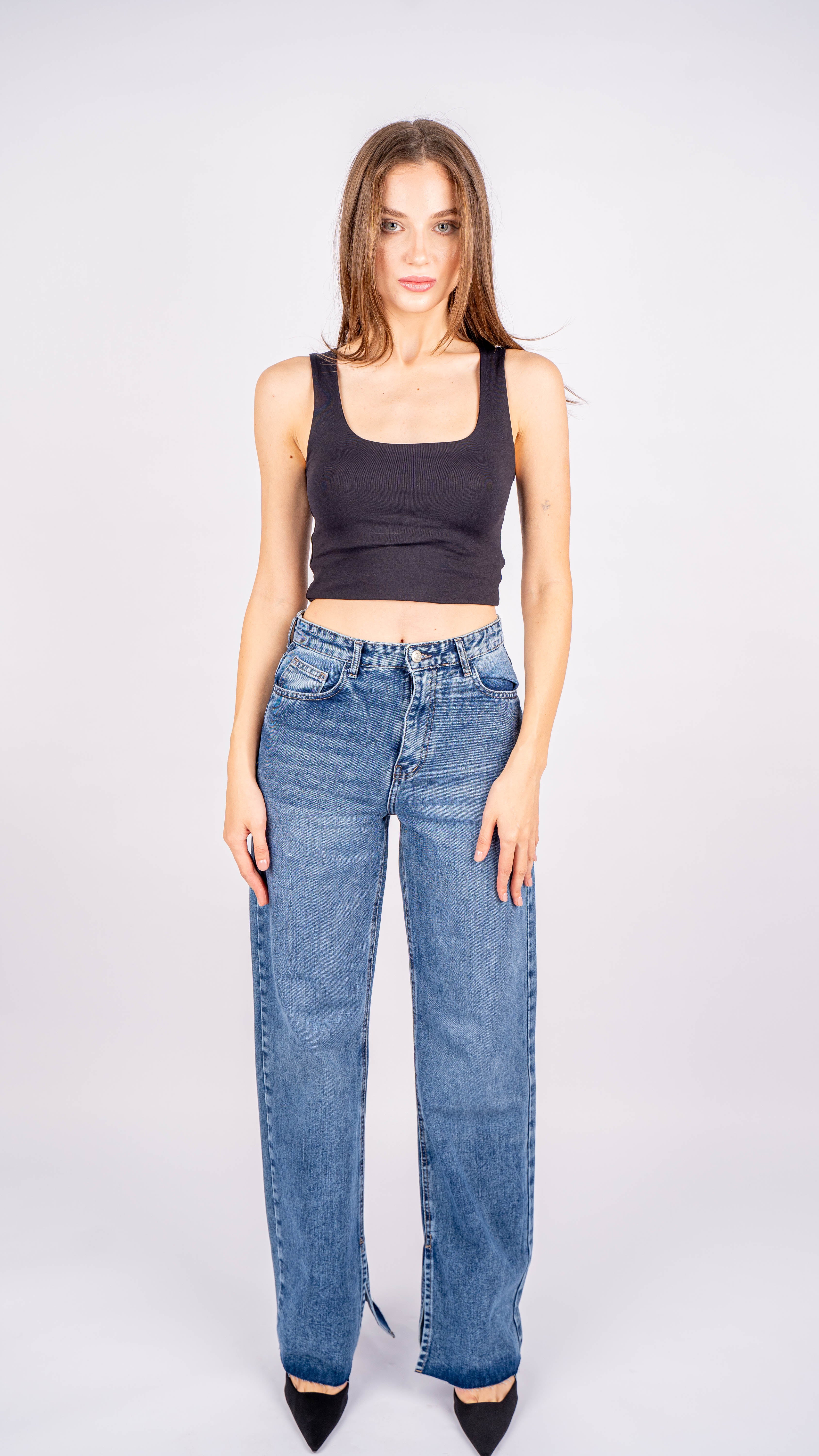 High-waist blue side split straight leg jeans