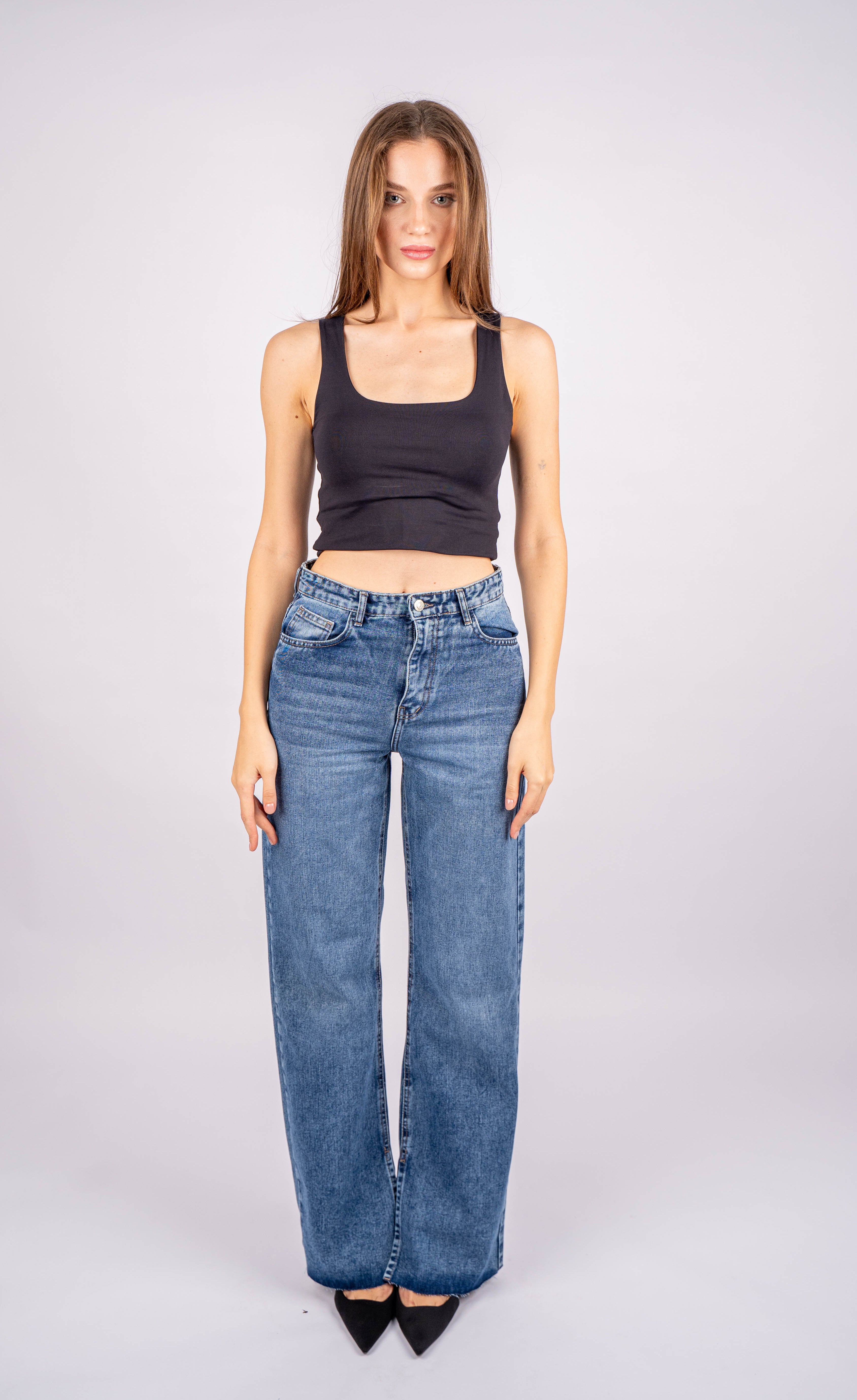 High-waist blue side split straight leg jeans