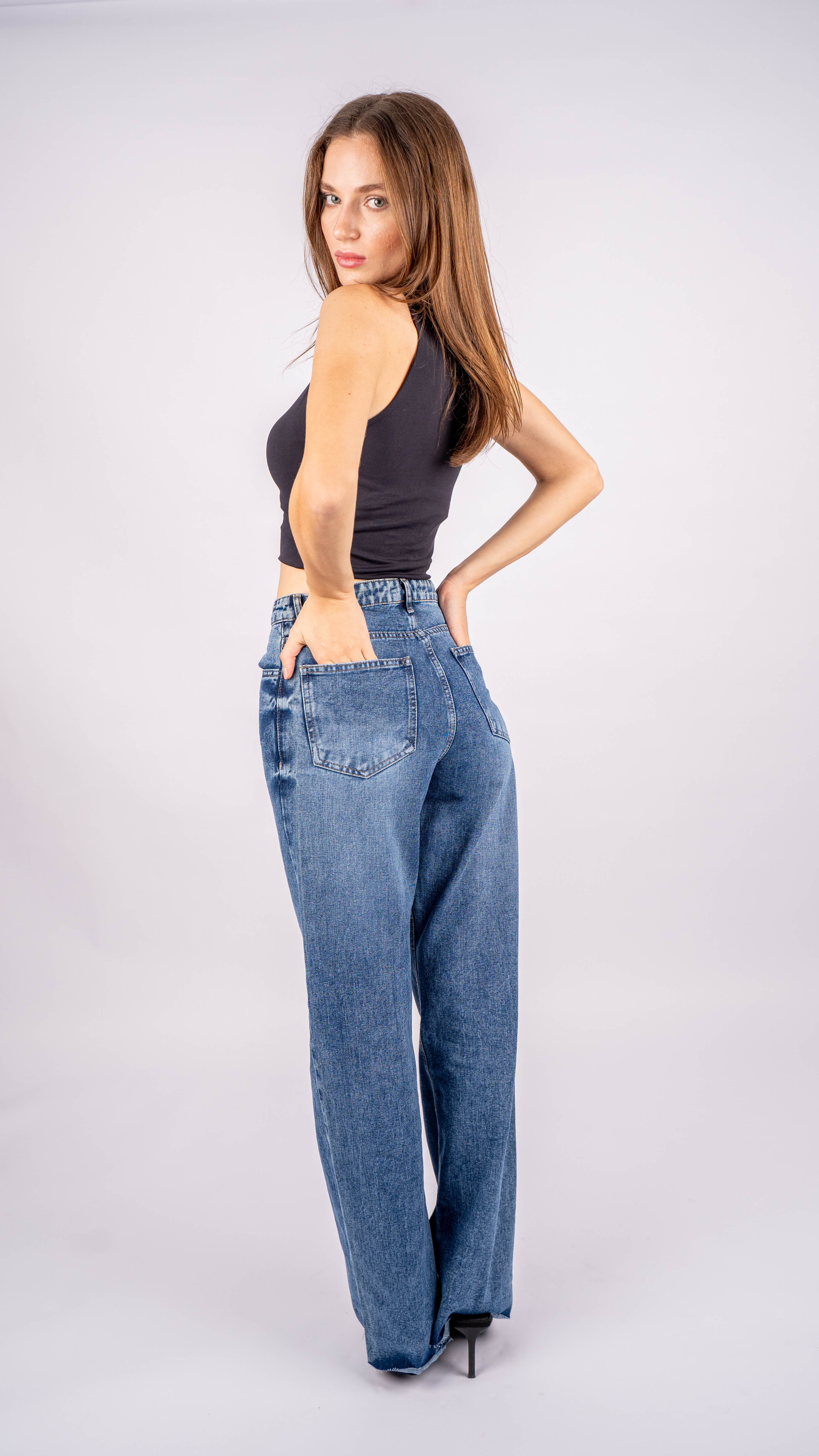 High-waist blue side split straight leg jeans