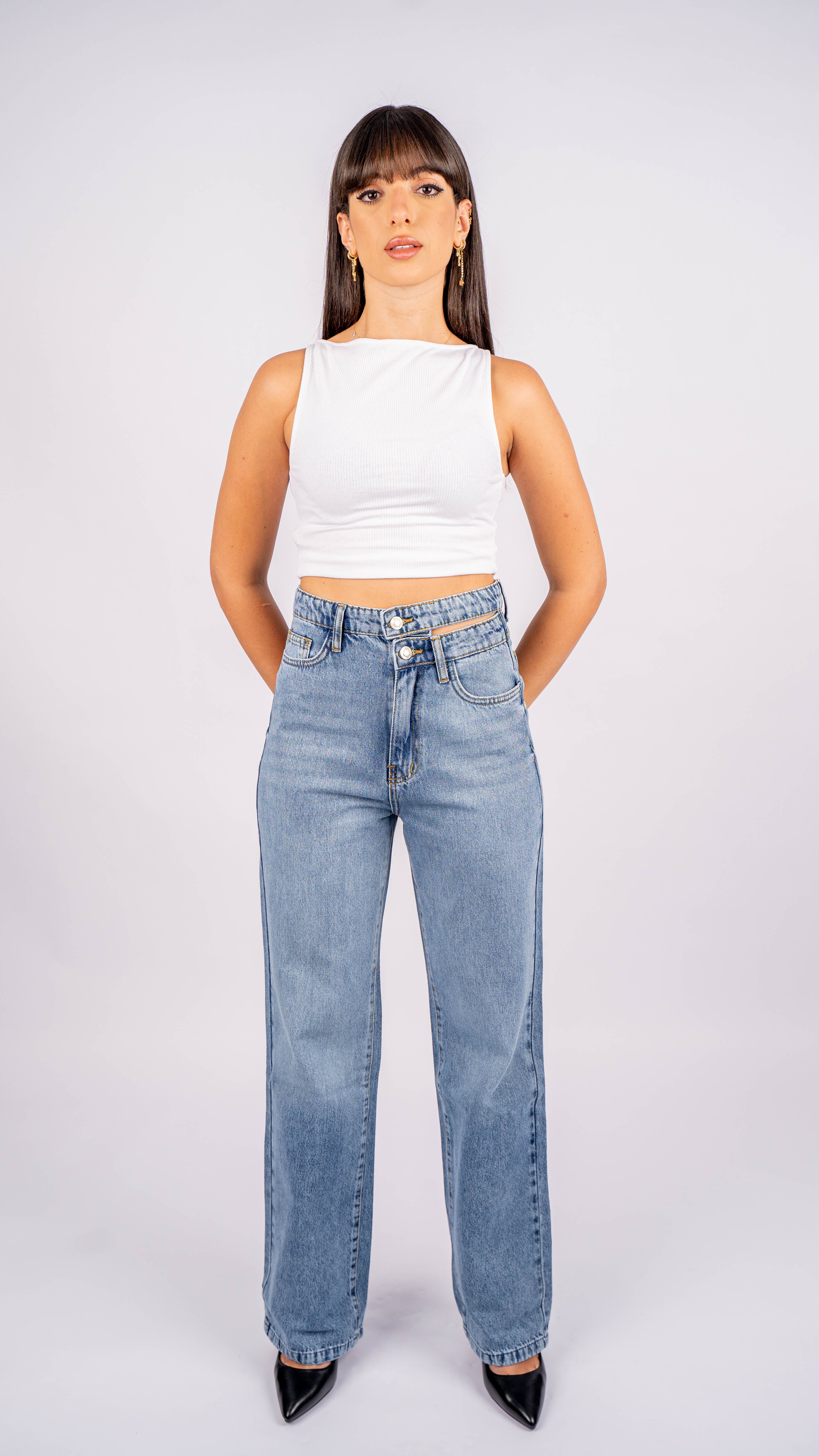 Double Waist Medium Wash Straight Leg Jeans