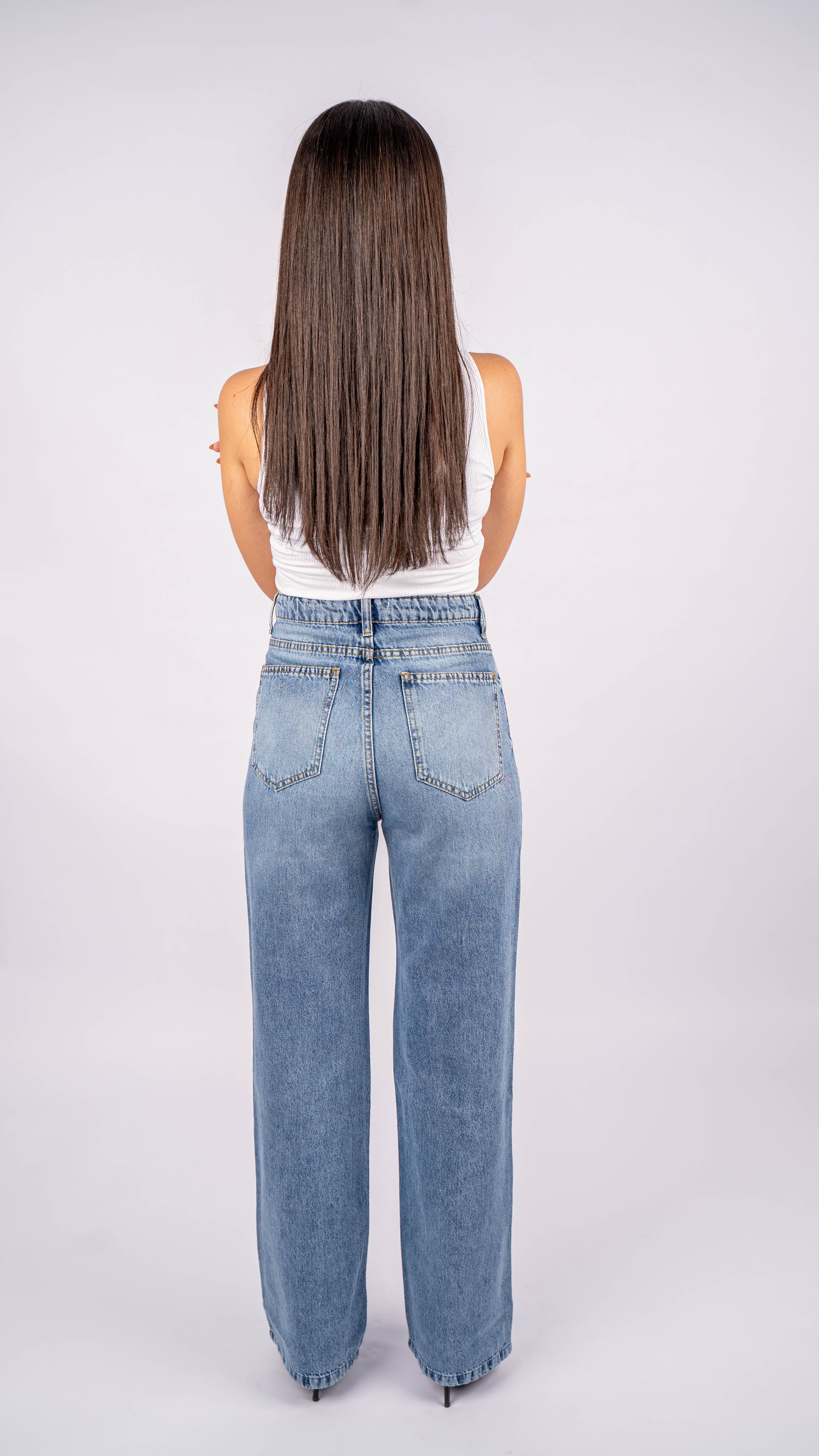 Double Waist Medium Wash Straight Leg Jeans