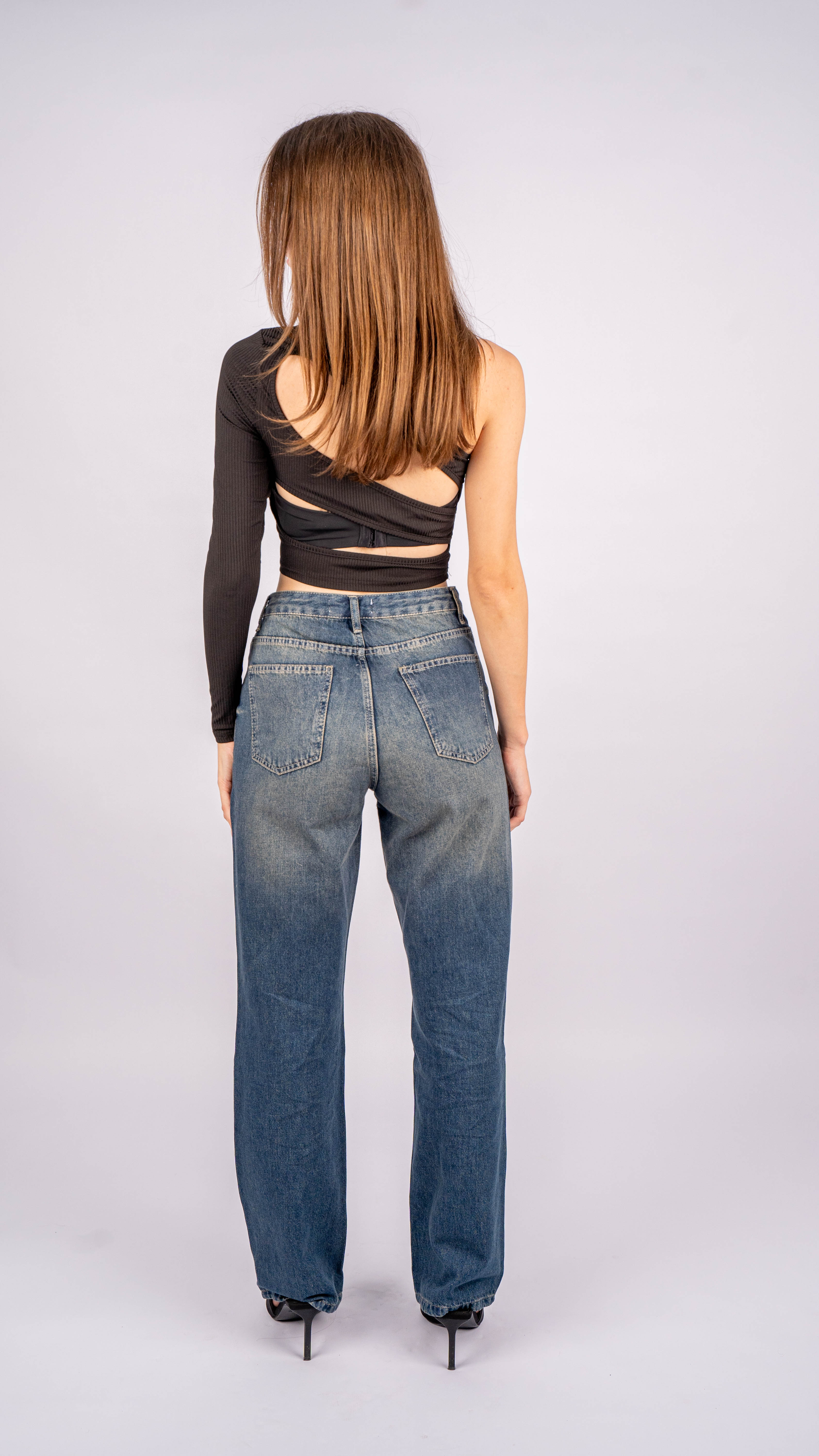 High-Waist Dirty Cross Belt  Straight Leg Jeans